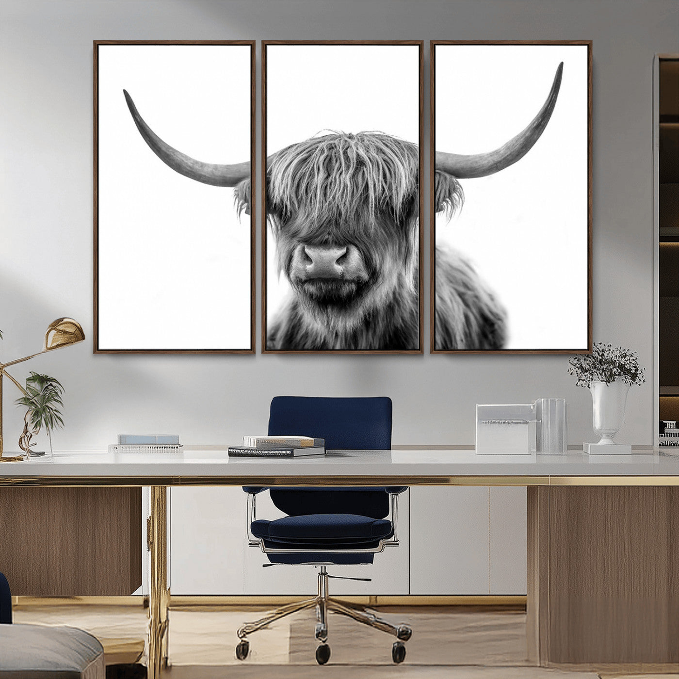 MGV-FC-48X32-3P - Grayscale Scottish Highland Cow Cattle Art Print Farmhouse Wall Art Canvas Print