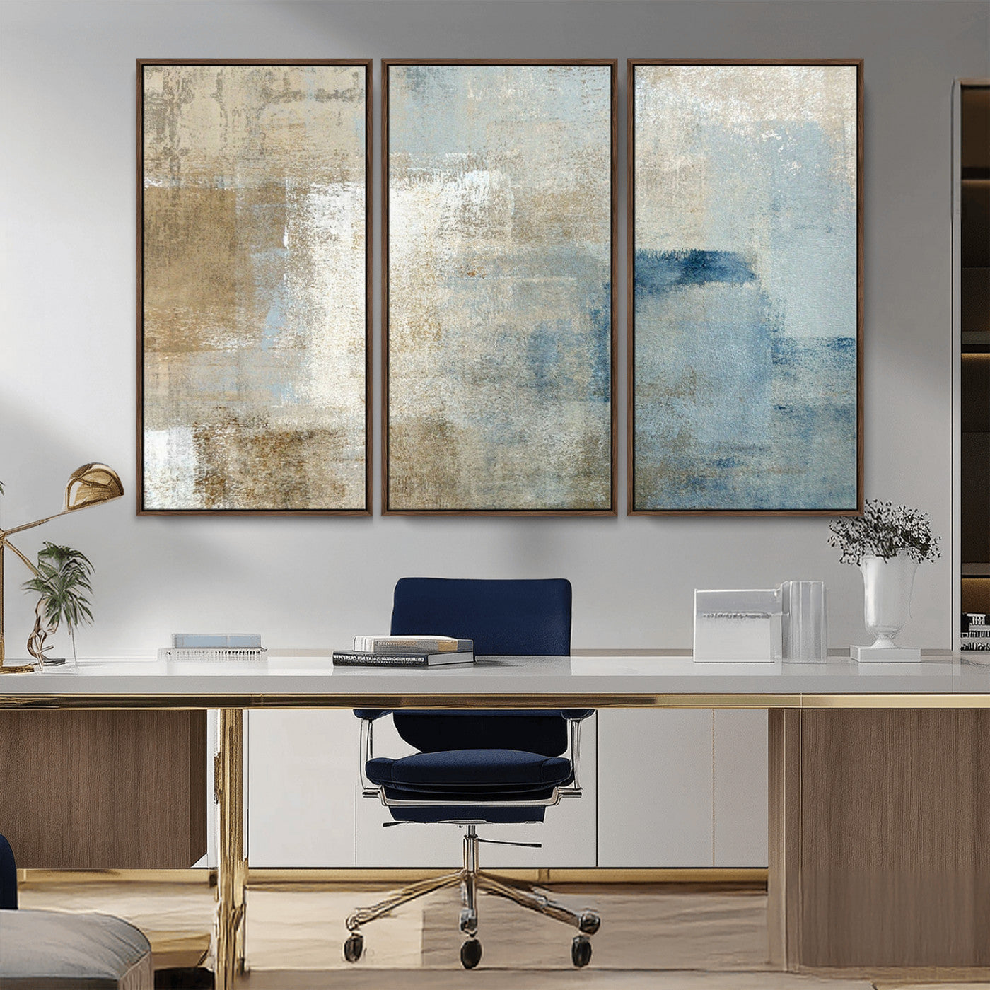 MGV-FC-48X32-3P - Abstract Blue and Beige Wall Art, Modern Minimalist Canvas Print Set, Giclee Textured Art, Large Multi-Panel Artwork for Living Room