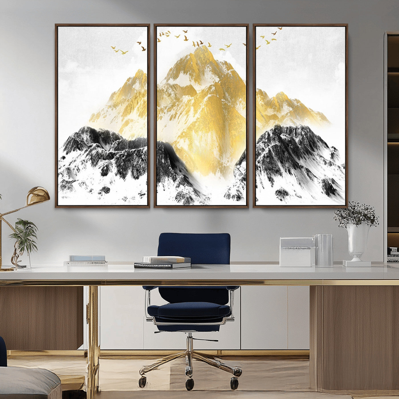 MGV-FC-48X32-3P - Golden Mountain Triptych Wall Art, Modern Giclee Canvas Print, Nature Landscape Decor for Living Room, Contemporary Gold and Black Wall Art
