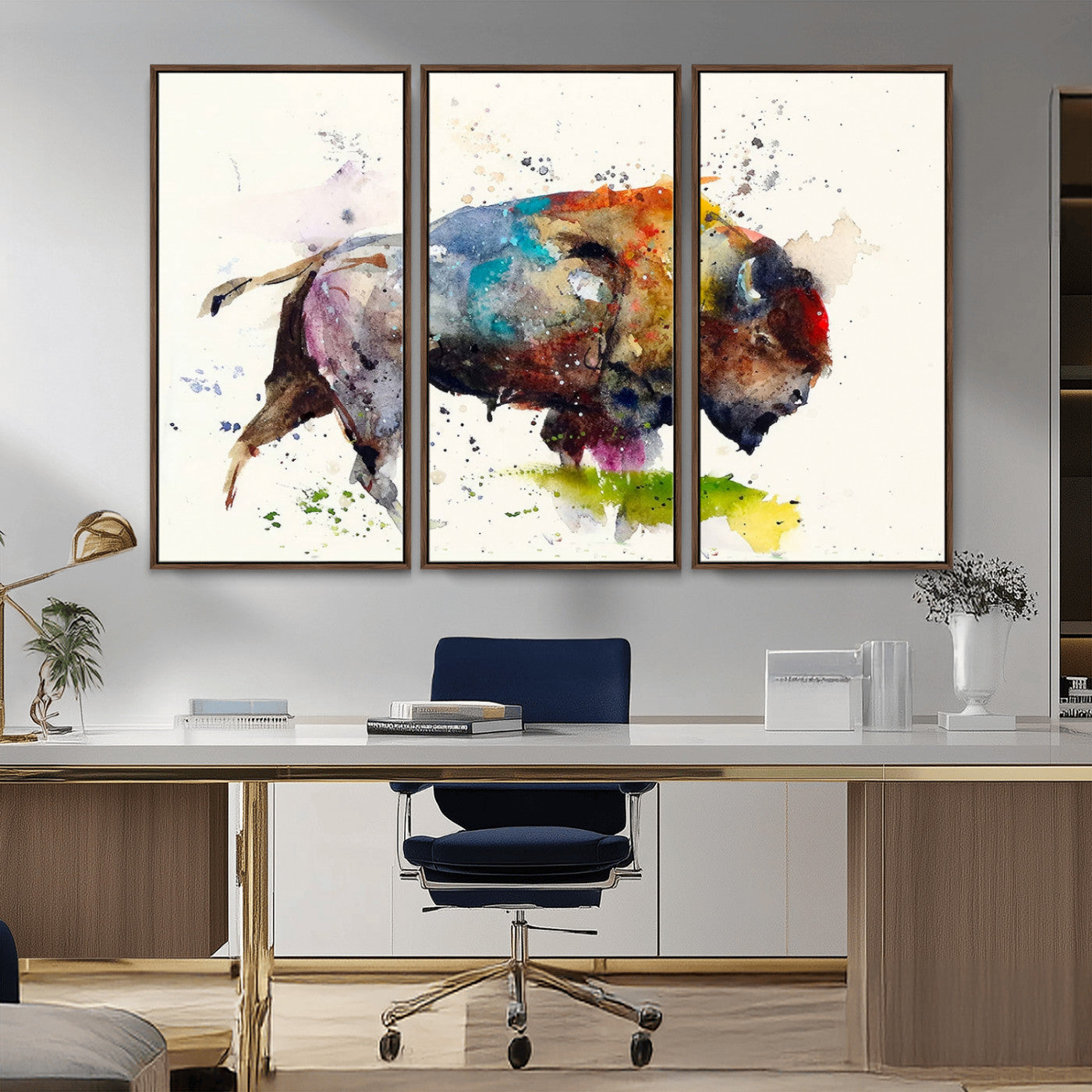 MGV-FC-48X32-3P - Abstract Buffalo Wall Art, Western Watercolor Bison Canvas Print, Rustic Buffalo Art for Cowboy and Western Decor, Large Multi-Panel Giclee Canvas