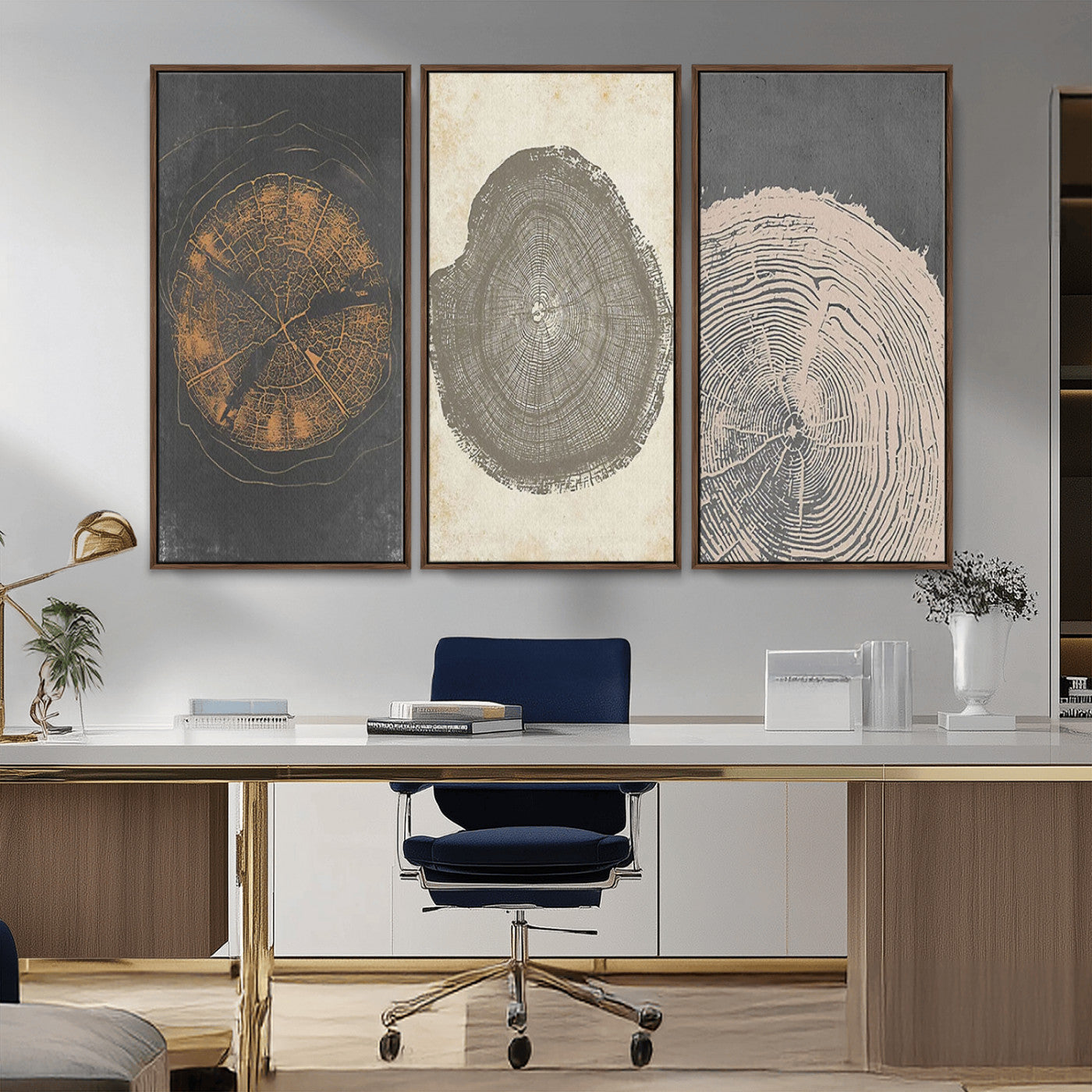 MGV-FC-48X32-3P - Boho Tree Ring Wall Art, Modern Minimalist Wood Grain Canvas, Tree Slice for Rustic Decor, Farmhouse Decor Giclee Canvas Print, Tree Ring Canvas Set