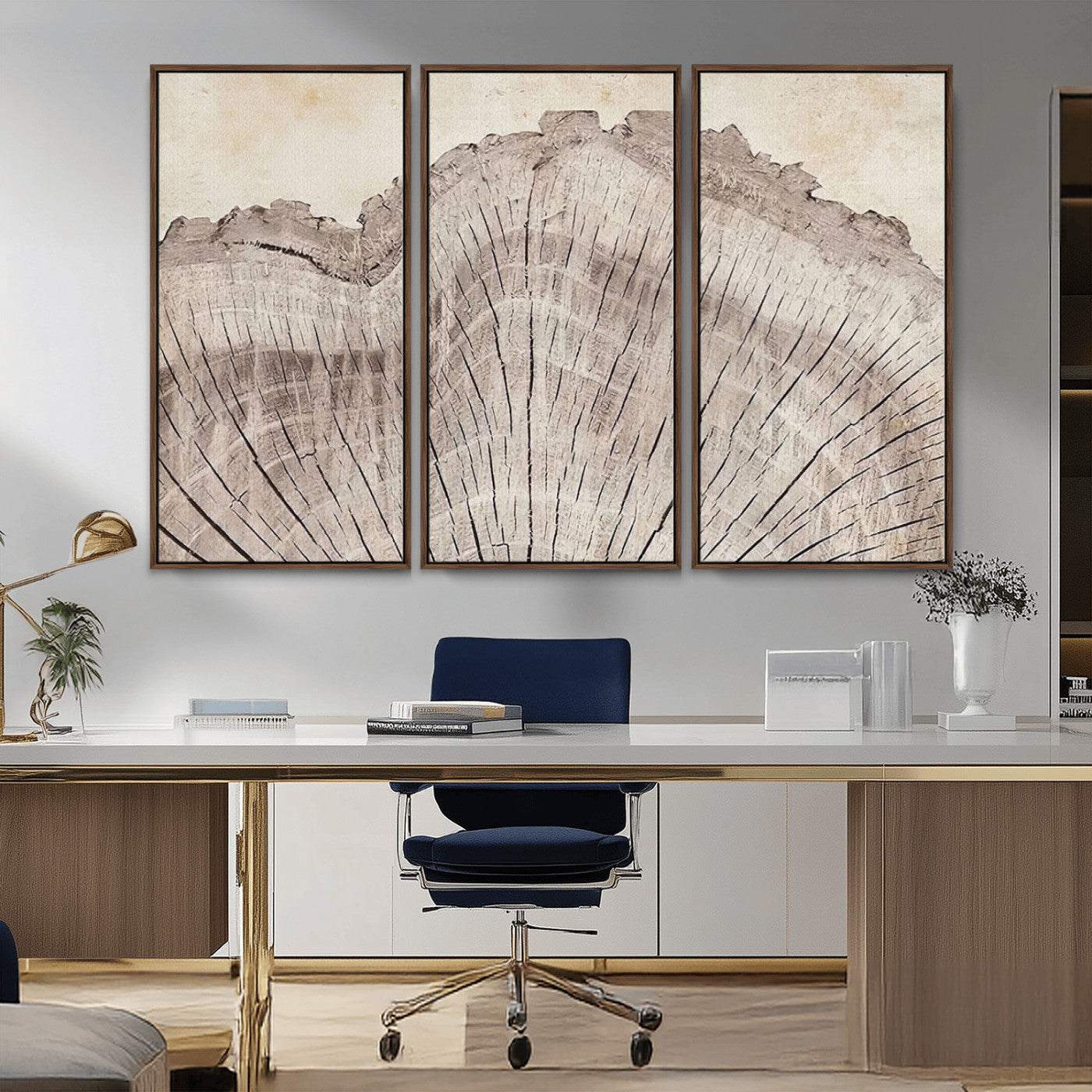 MGV-FC-48X32-3P - Tree Ring Wall Art Triptych, Rustic Wood Ring Canvas Print, Minimalist Wall Decor for Modern Homes and Farmhouse Decor