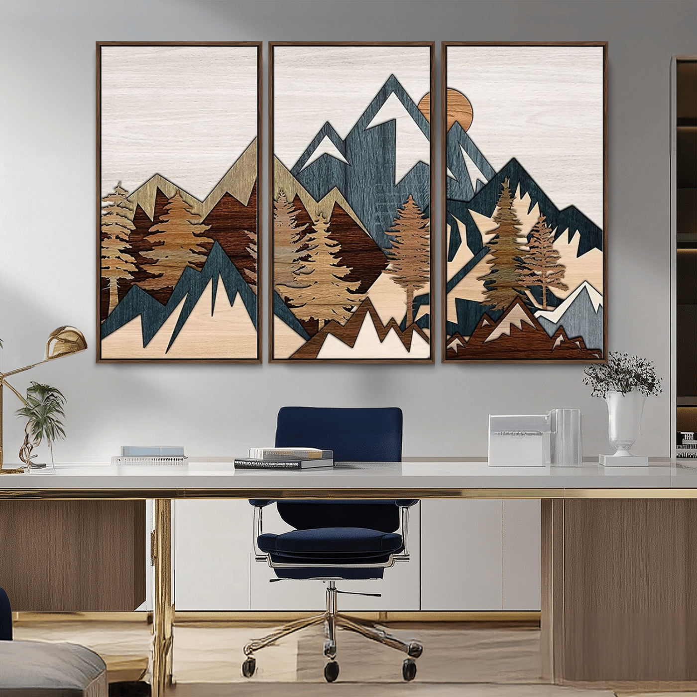MGV-FC-48X32-3P - Rustic Abstract Wood Panel Effect Canvas Mountain Range Top Wood Wall Art Canvas Print