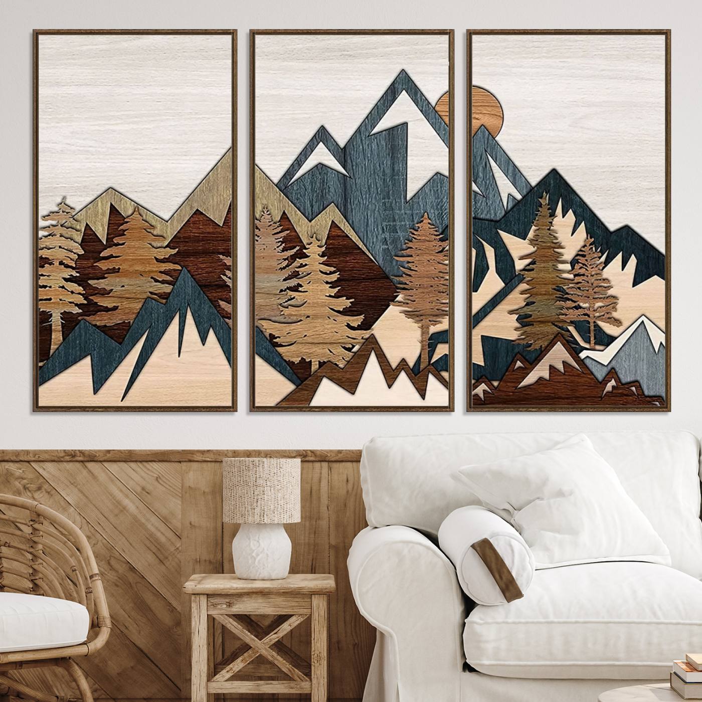 67950-MGV-CV-36X24-Rustic Abstract Wood Panel Effect Canvas Mountain Range Top Wood Wall Art Canvas Print