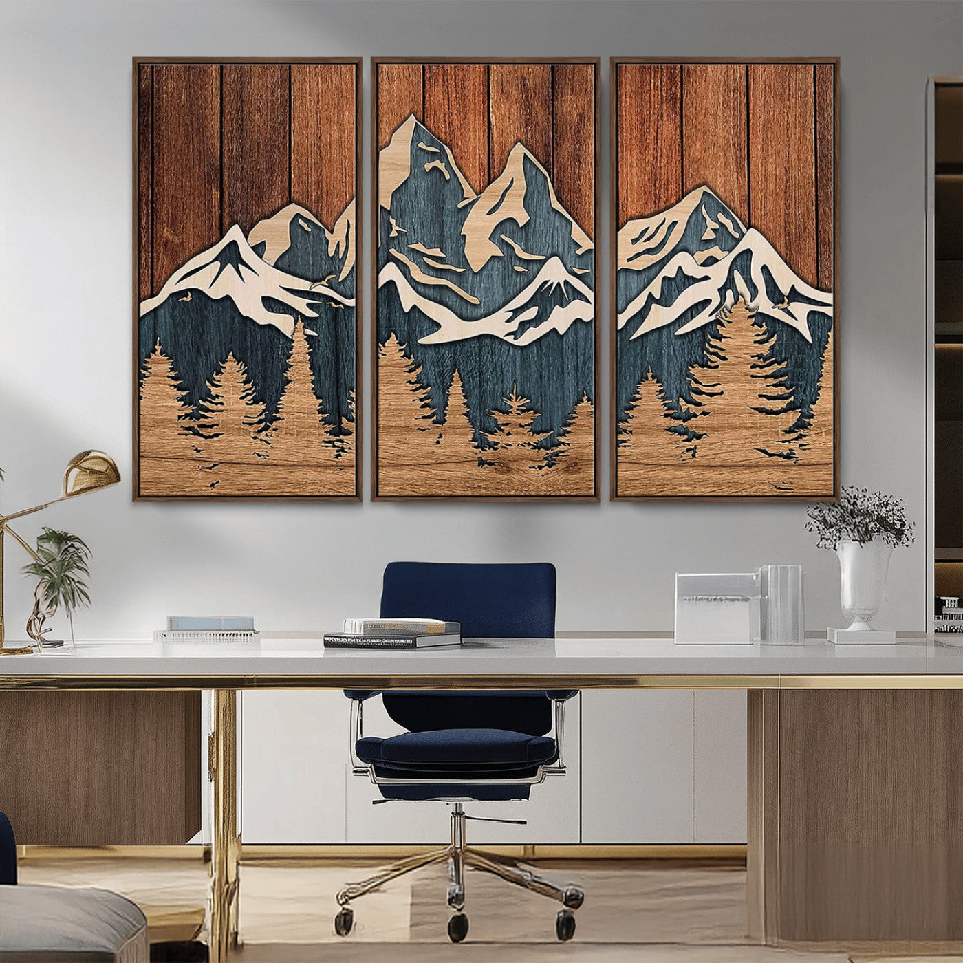 MGV-FC-48X32-3P - Rustic Wood Style Mountain Wall Art, Nature Forest Canvas Print, Wooden Textured Mountain Artwork, Handcrafted Landscape Decor for Farmhouse Decor