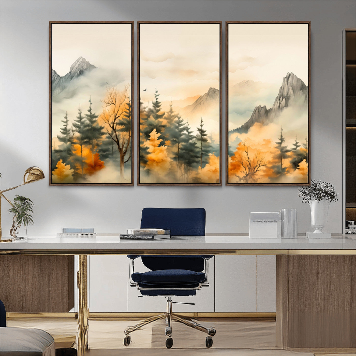 MGV-FC-48X32-3P - Abstract Watercolor Mountains and Trees Autumn Art, Watercolor Mountains and Trees Canvas Print