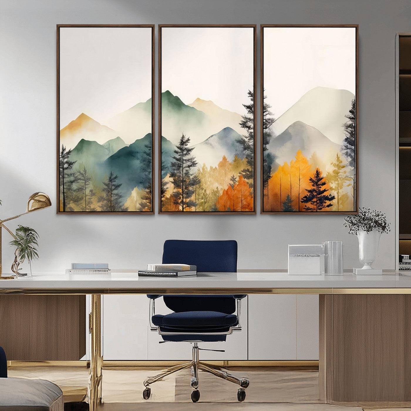MGV-FC-48X32-3P - Abstract Watercolor Mountains and Trees Autumn Wall Art, Mountains and Trees Autumn Wall Art Canvas