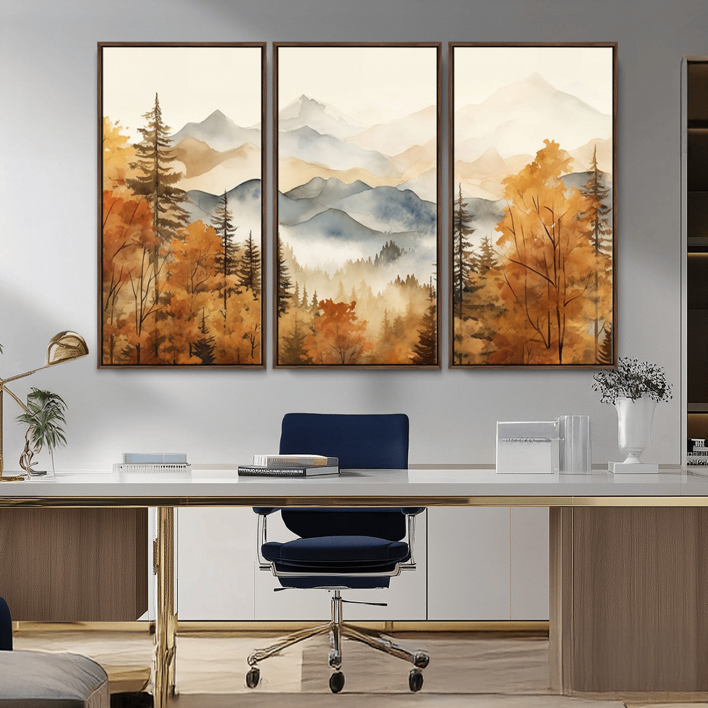 MGV-FC-48X32-3P - Golden Autumn Forest Wall Art | Mountain Landscape Canvas Print for Living Room or Bedroom | Large Wall Decor with Nature-Inspired Design