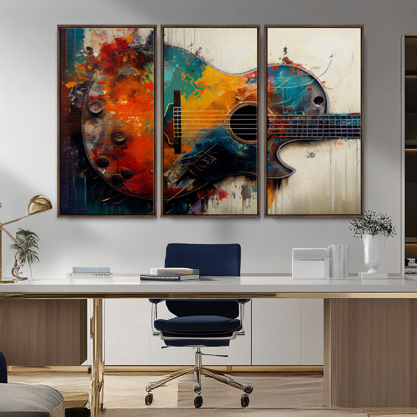 MGV-FC-48X32-3P - Abstract Guitar Wall Art Canvas | Vibrant Music-Inspired Art for Living Room or Studio | Colorful Music Decor Canvas Print