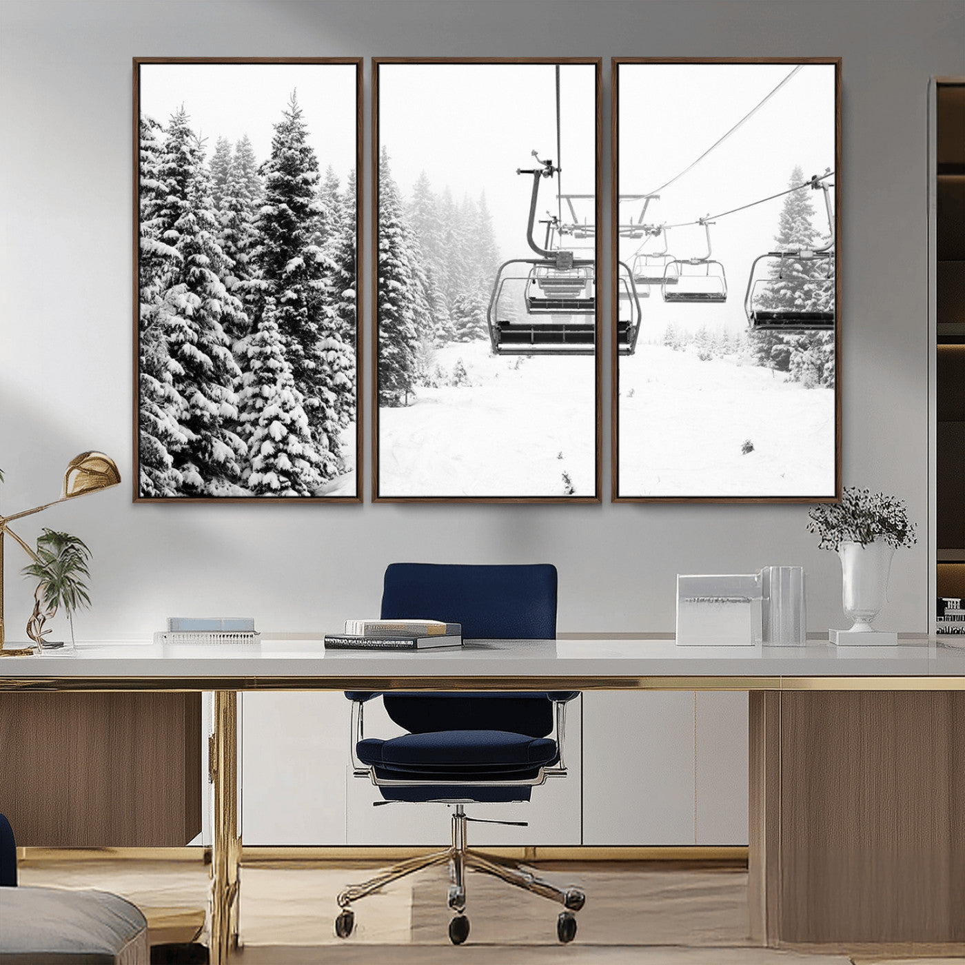 MGV-FC-48X32-3P - Winter Forest Wall Art Canvas Print, Framed Snowy Forest Art Picture Print, Winter Ski Lift Perfect
