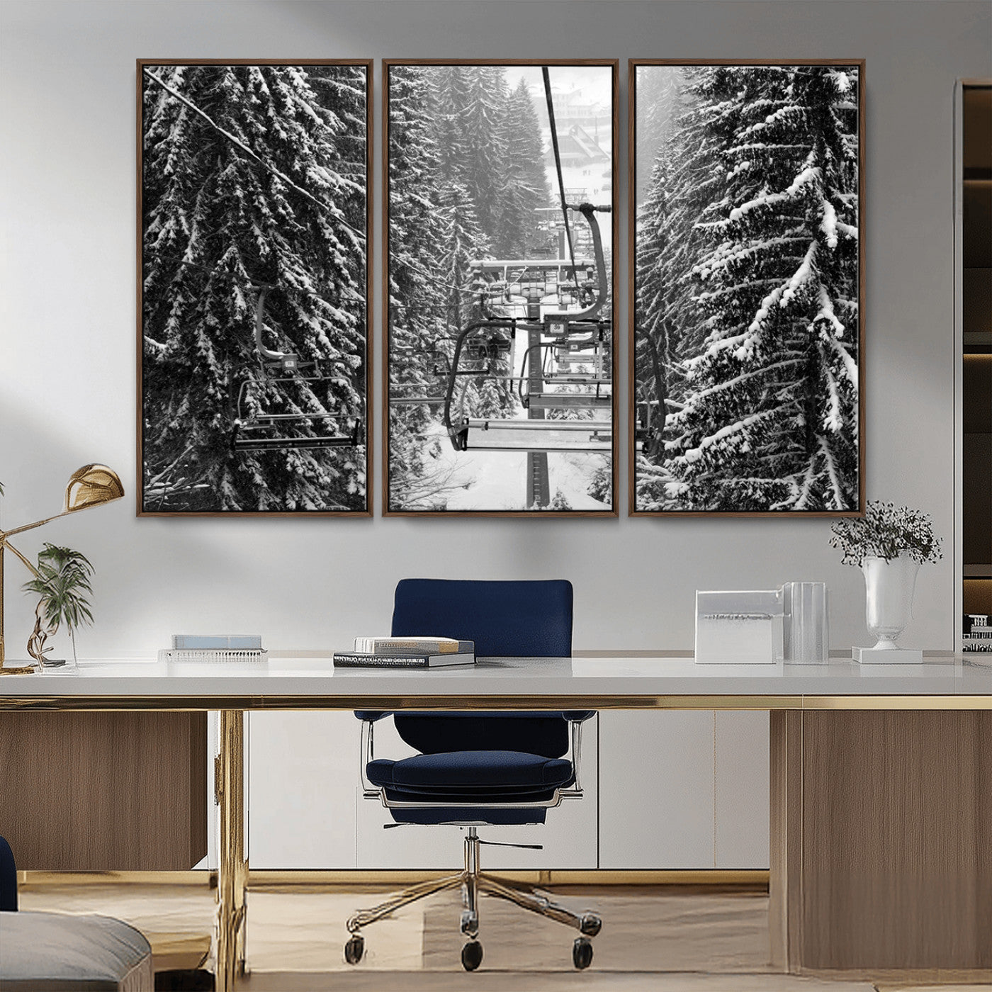 MGV-FC-48X32-3P - Winter Ski Lift Black and White Canvas Wall Art – Alpine Escape in Minimalist Style – Ready to Hang
