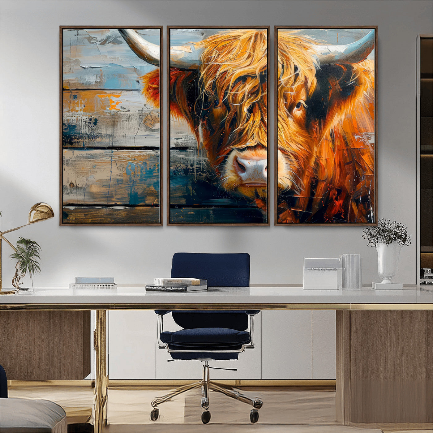-Highland Cow Abstract Canvas Wall Art – Bold Farmhouse Rustic Decor – Ready to Hang