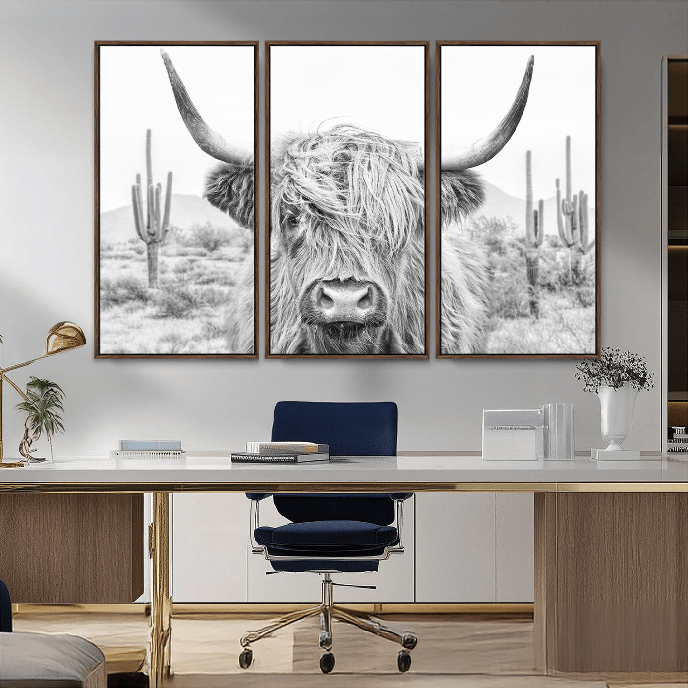 94579-MGV-FC-48X32-3P_Walnut-Rustic Charm | Cow Longhorn Black White Bighorn Wall Art Canvas Print | Farmhouse Wall Art