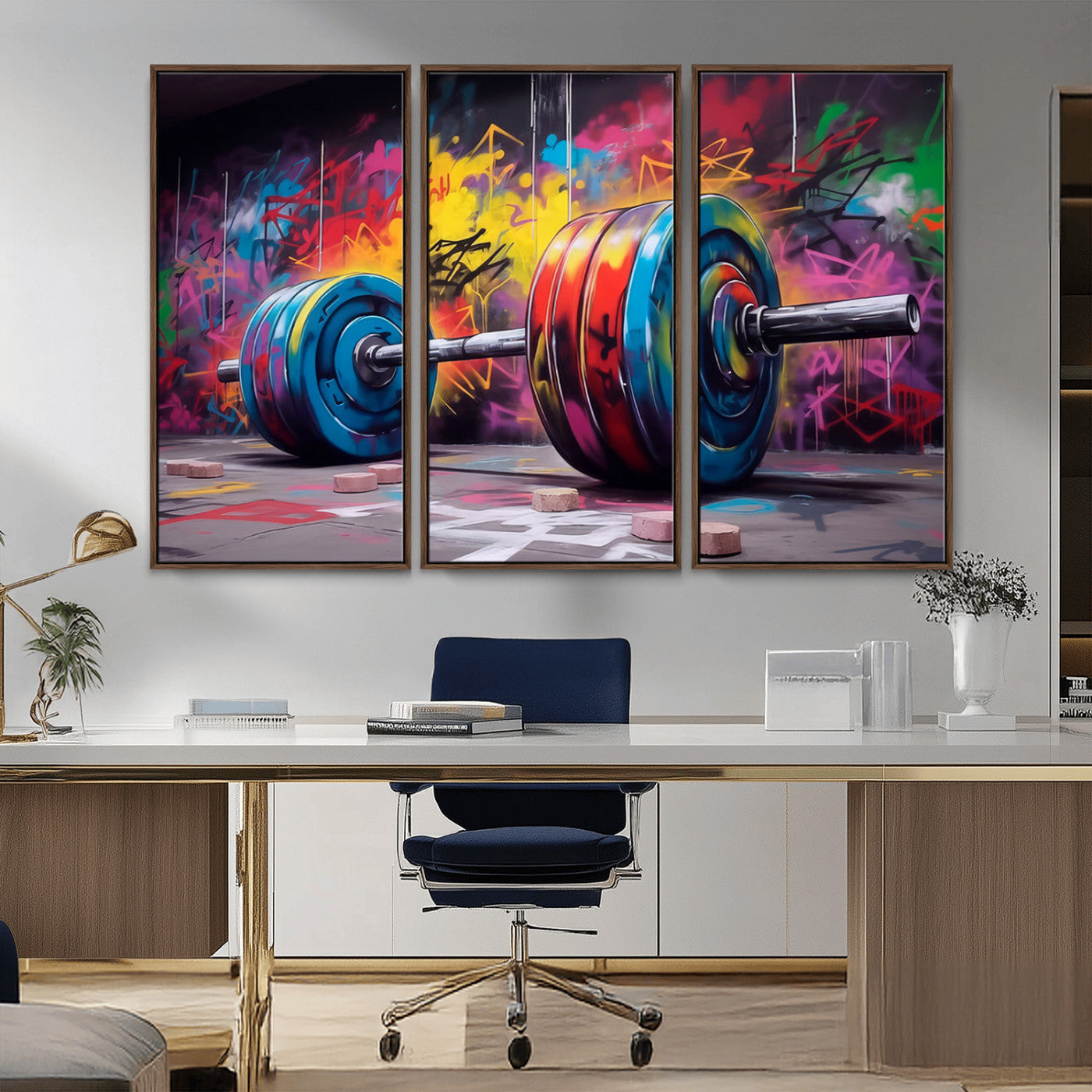 MGV-FC-48X32-3P - Abstract Graffiti Barbell Canvas Wall Art – Urban Fitness Meets Bold Street Art Print - Gym Wall Art Print