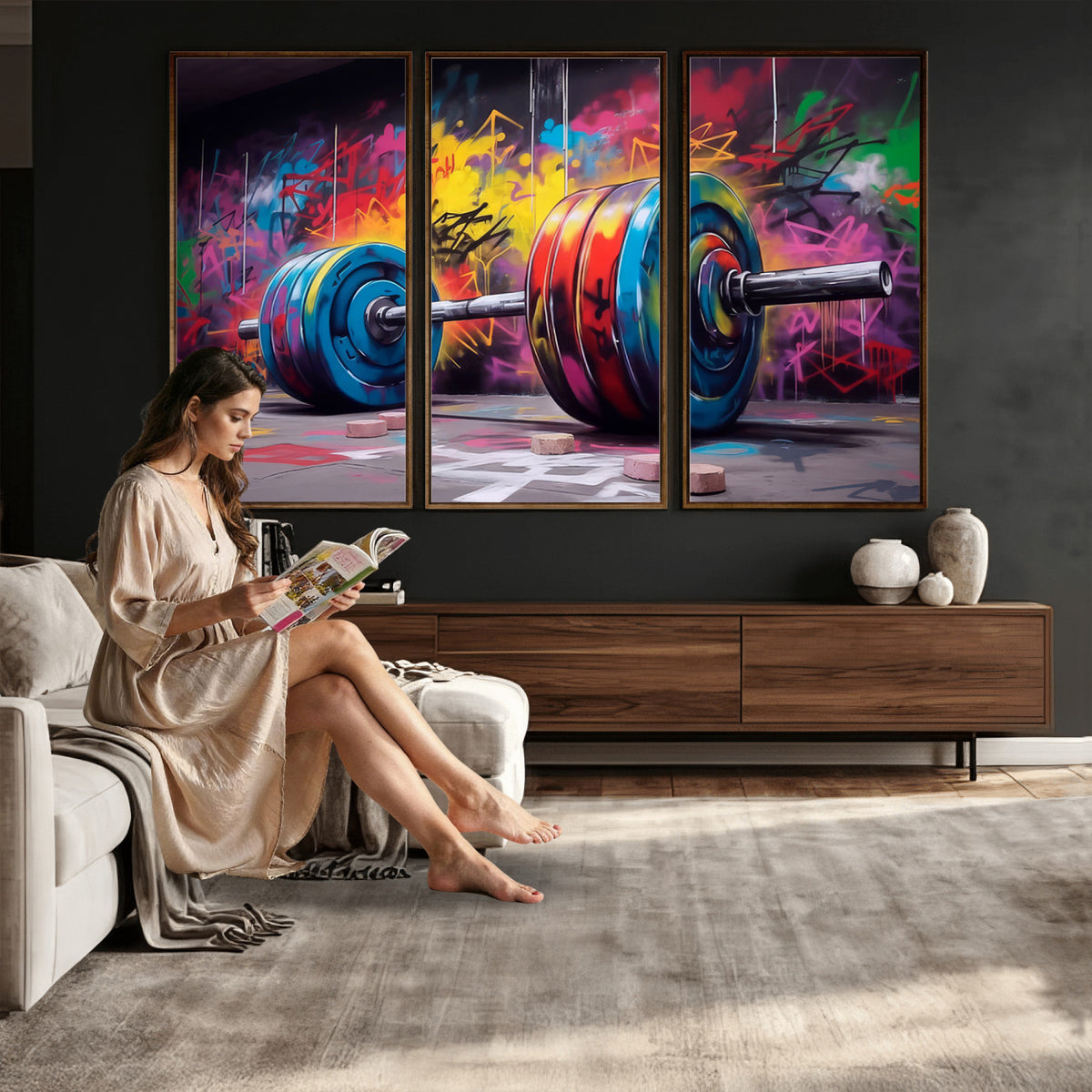 13549-MGV-CV-36X24 - Abstract Graffiti Barbell Canvas Wall Art | Urban Fitness Meets Bold Street Art