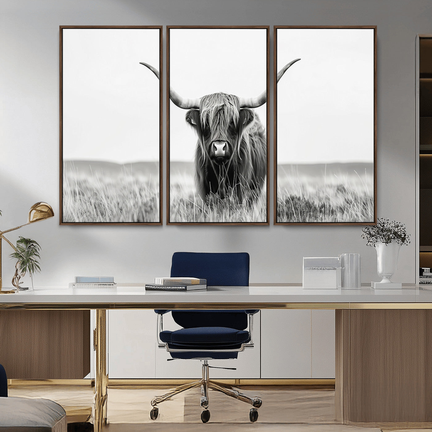 MGV-FC-48X32-3P - Highland Cow Canvas Wall Art – Majestic Beauty in Black and White – Ready to Hang