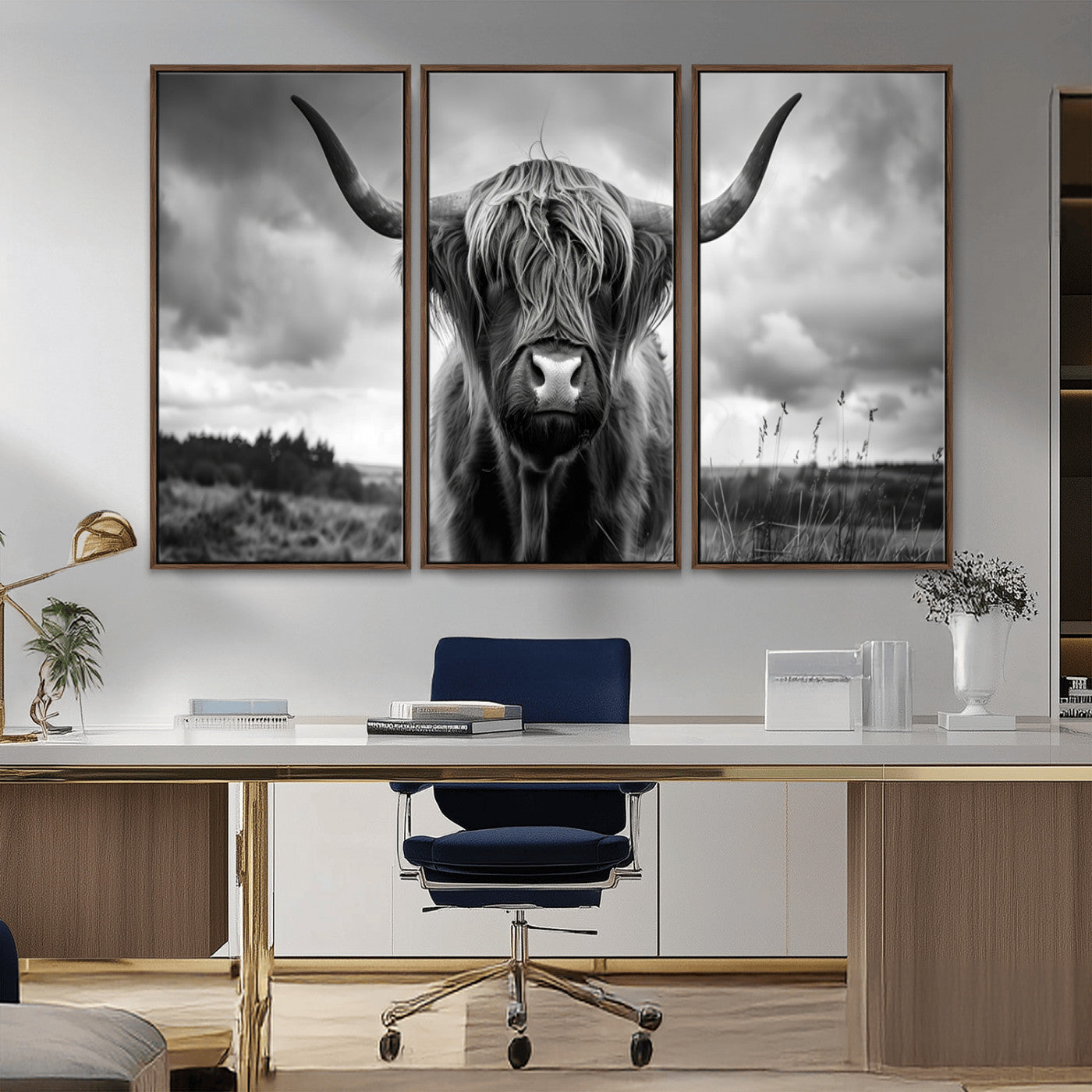 MGV-FC-48X32-3P - Scottish Cow Wall Art Canvas Print | Longhorn Wall Art | Bighorn Animal Wall Art