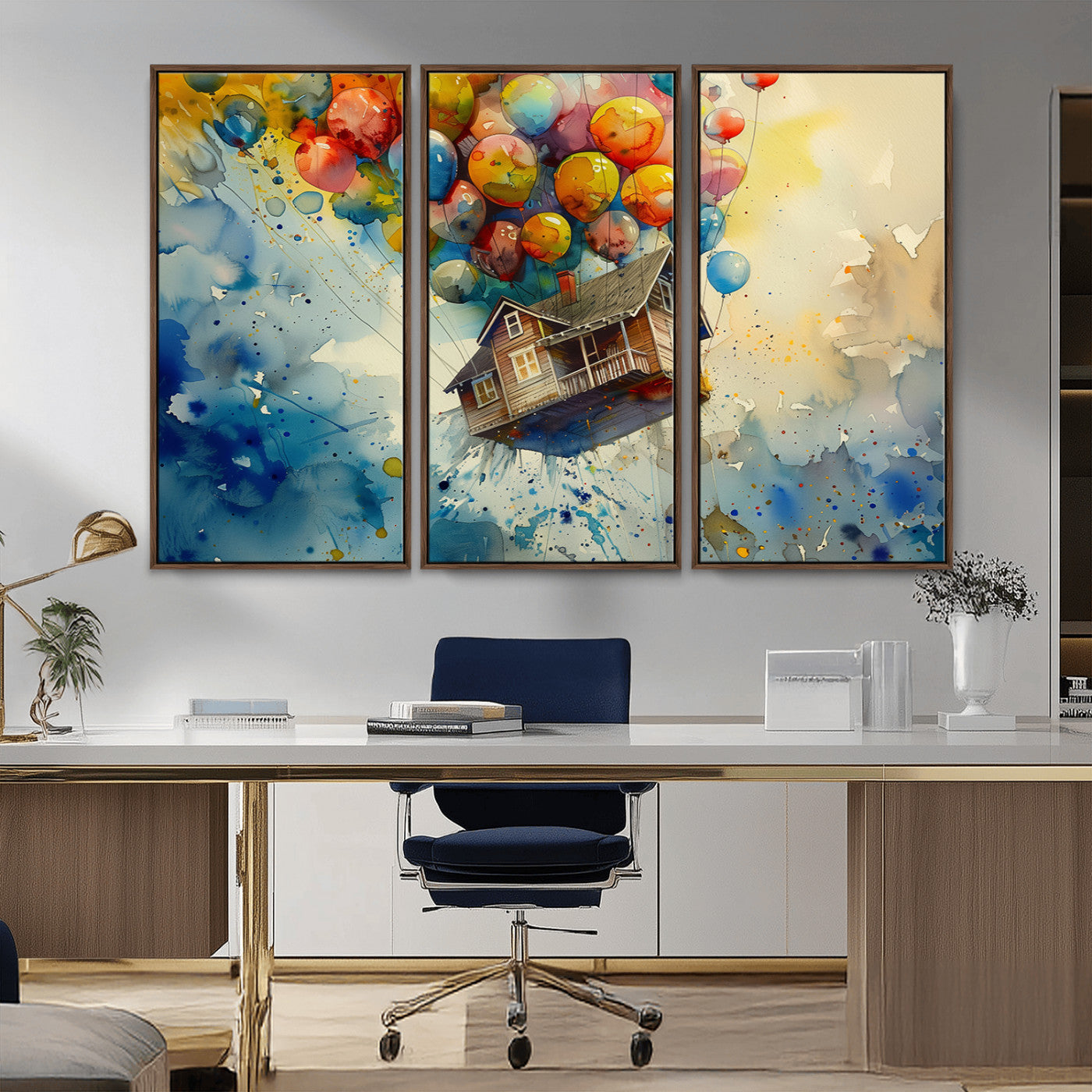 MGV-FC-48X32-3P - UP-Inspired Floating House with Balloons Canvas Art – Colorful 3-Panel Wall Decor for Living Room,