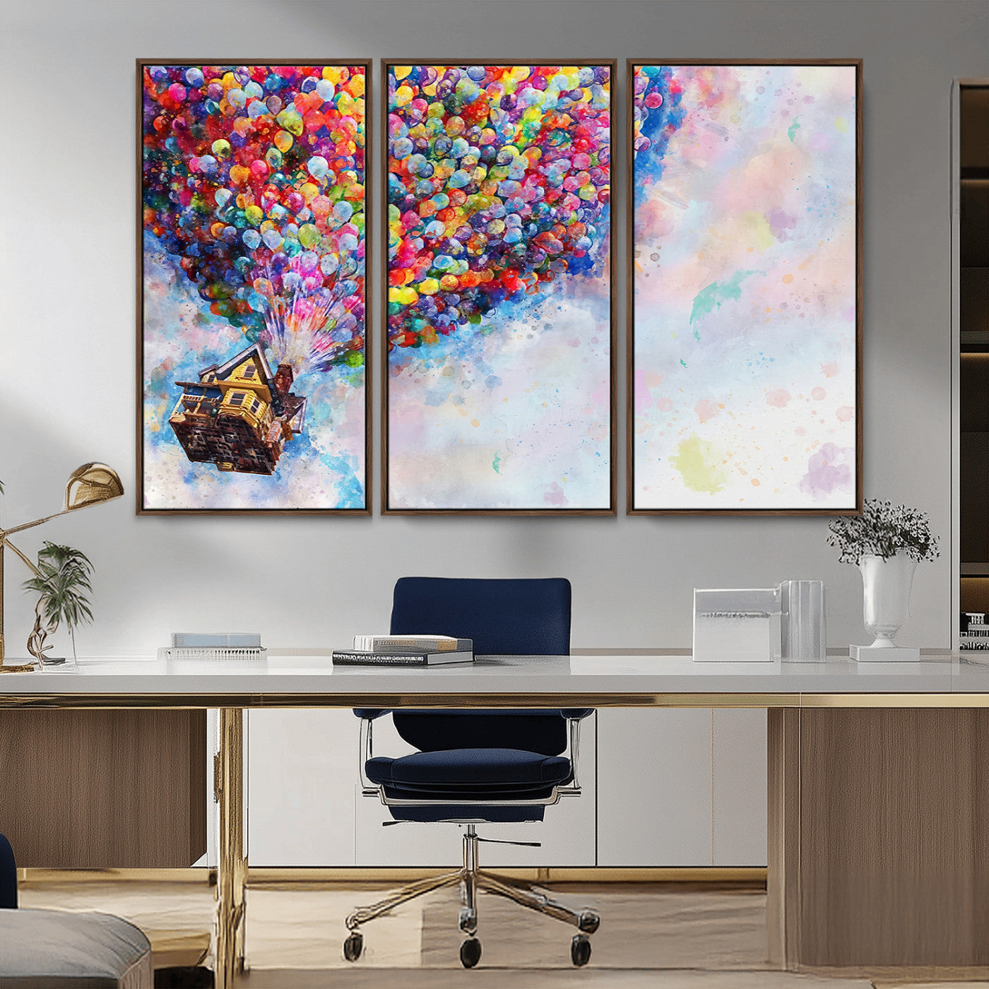 MGV-FC-48X32-3P - Don't Look Up Movie Canvas Wall Art - Vibrant Floating House and Balloons Scene, Tribute to Iconic
