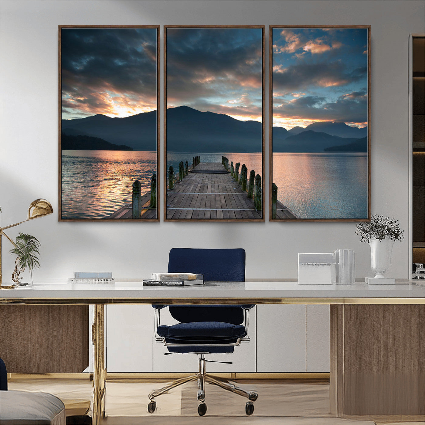 MGV-FC-48X32-3P - Mountain Lake Wood Pier Canvas Wall Art Nature Lake Print