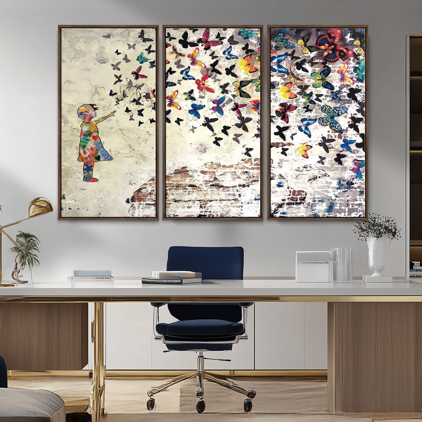MGV-FC-48X32-3P - Banksy Wall Art - Banksy Girl Butterfly Graffiti Wall Art Canvas Print - Butterfly Girl and Freedom Flight - Vibrant Street Art Print
