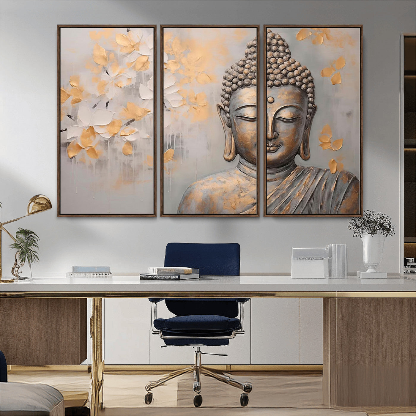 MGV-FC-48X32-3P - Abstract Buddha Statue Wall Art Canvas Print - Modern Meditation Decor for Living Room, Office, Yoga Studio Decor