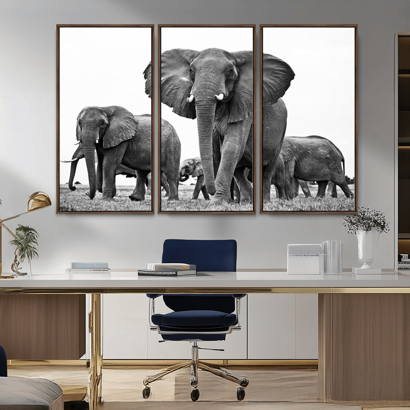 MGV-FC-48X32-3P - Black White Elephant Family Wall Art Canvas Print