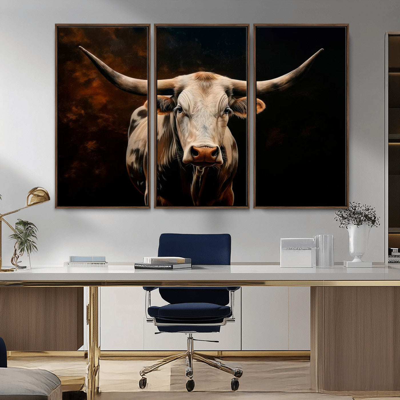 MGV-FC-48X32-3P - Texas Longhorn Wall Art | 3-Panel Large Texas Longhorn Canvas Print for Living Room, Office, or Farmhouse Decor | Framed Giclee Longhorn Wall Art