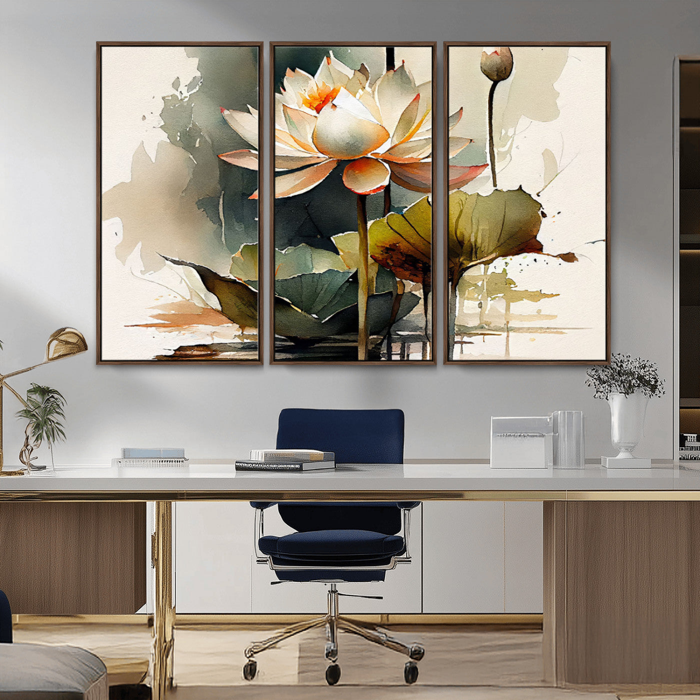 MGV-FC-48X32-3P - Lotus Flower Watercolor Canvas Print – A Symbol of Serenity and Growth, Captured in Soft Watercolors – Contemporary Wall Art for Tranquil Spaces