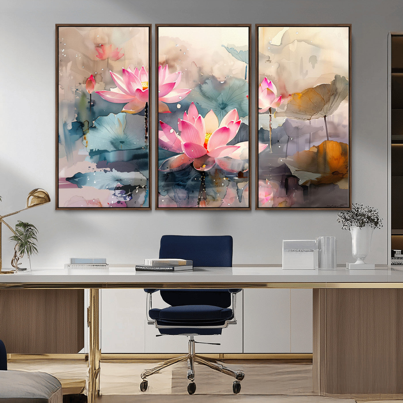 MGV-FC-48X32-3P - Lotus Flower Wall Art | 3-Panel Giclee Canvas Print of Pink Lotus Blossoms for Living Room, Bedroom, Office | Framed Lotus Floral Wall Art Decor Print