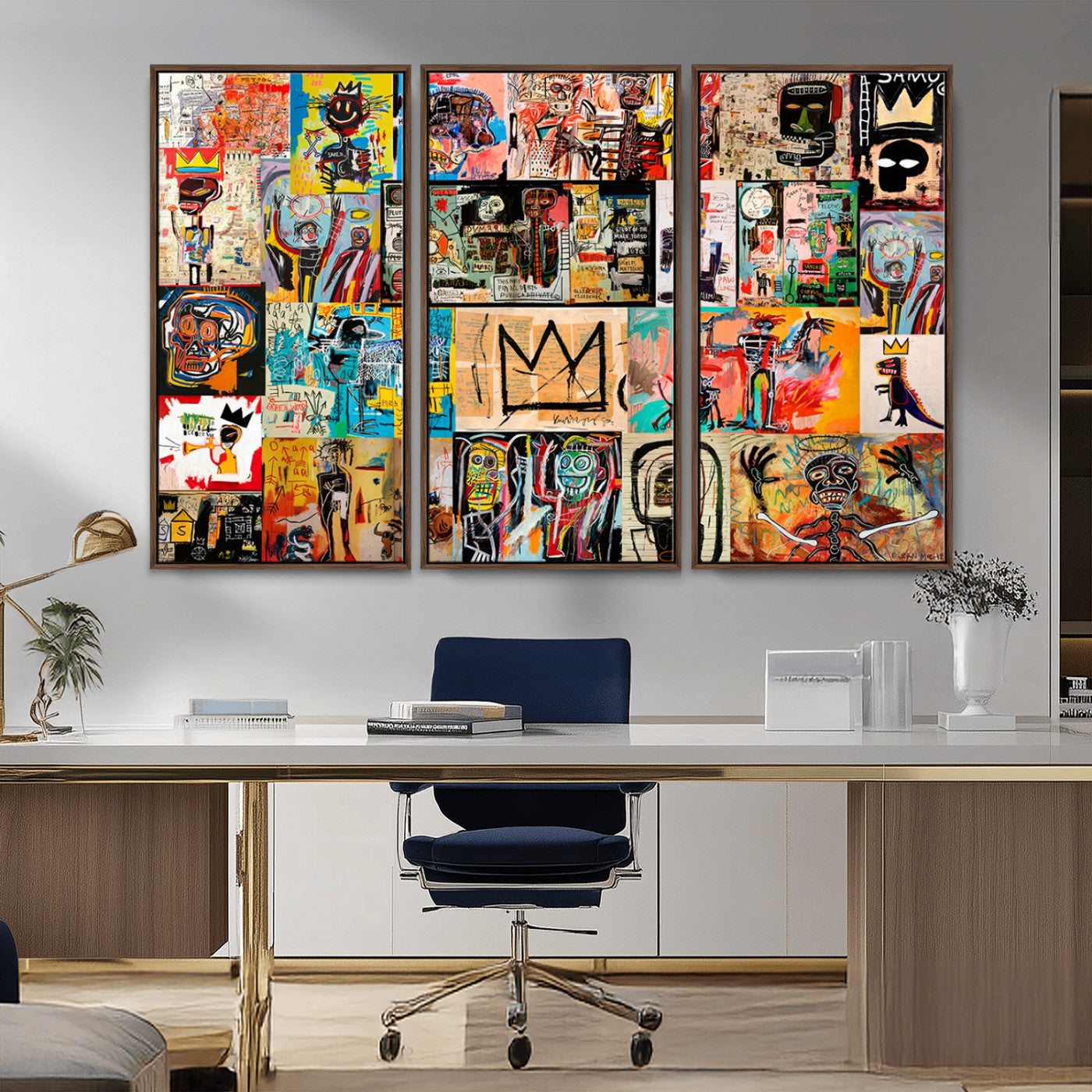 MGV-FC-48X32-3P - Basquiat Art Collage Wall Art Canvas Print – Framed, Ready to Hang, Urban Graffiti Style
