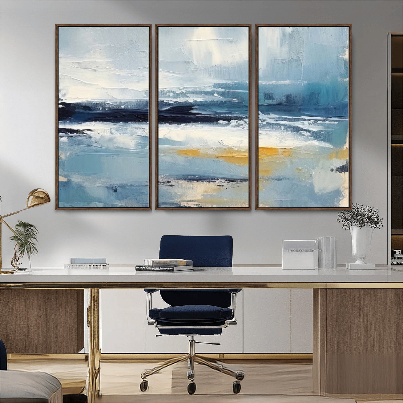 MGV-FC-48X32-3P - Abstract Ocean Canvas Wall Art - Coastal Blue and Gold Textured Painting, Modern Seascape Decor for Living Room Decor