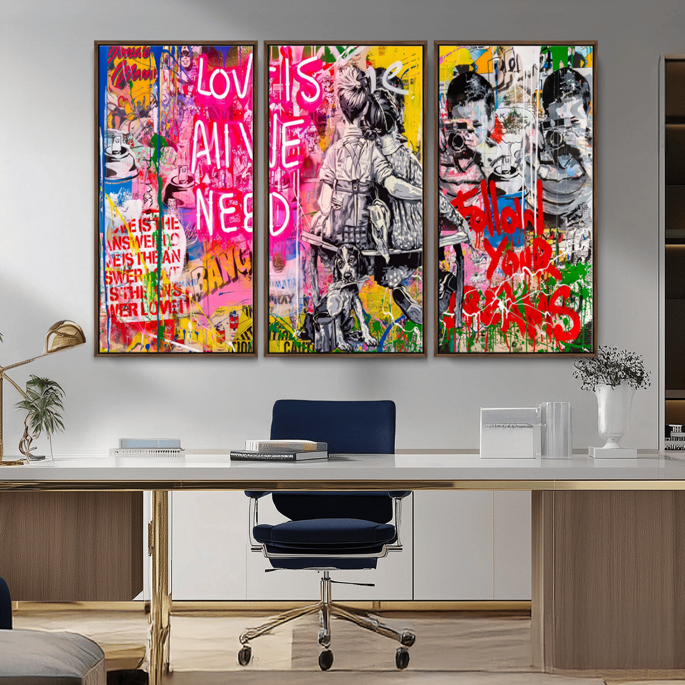 MGV-FC-48X32-3P - Follow Your Dreams & Love is All We Need Graffiti Street Art Triptych | 3-Panel Colorful Urban Wall Art for Living Room, Office, Loft Graffiti Wall Art Print