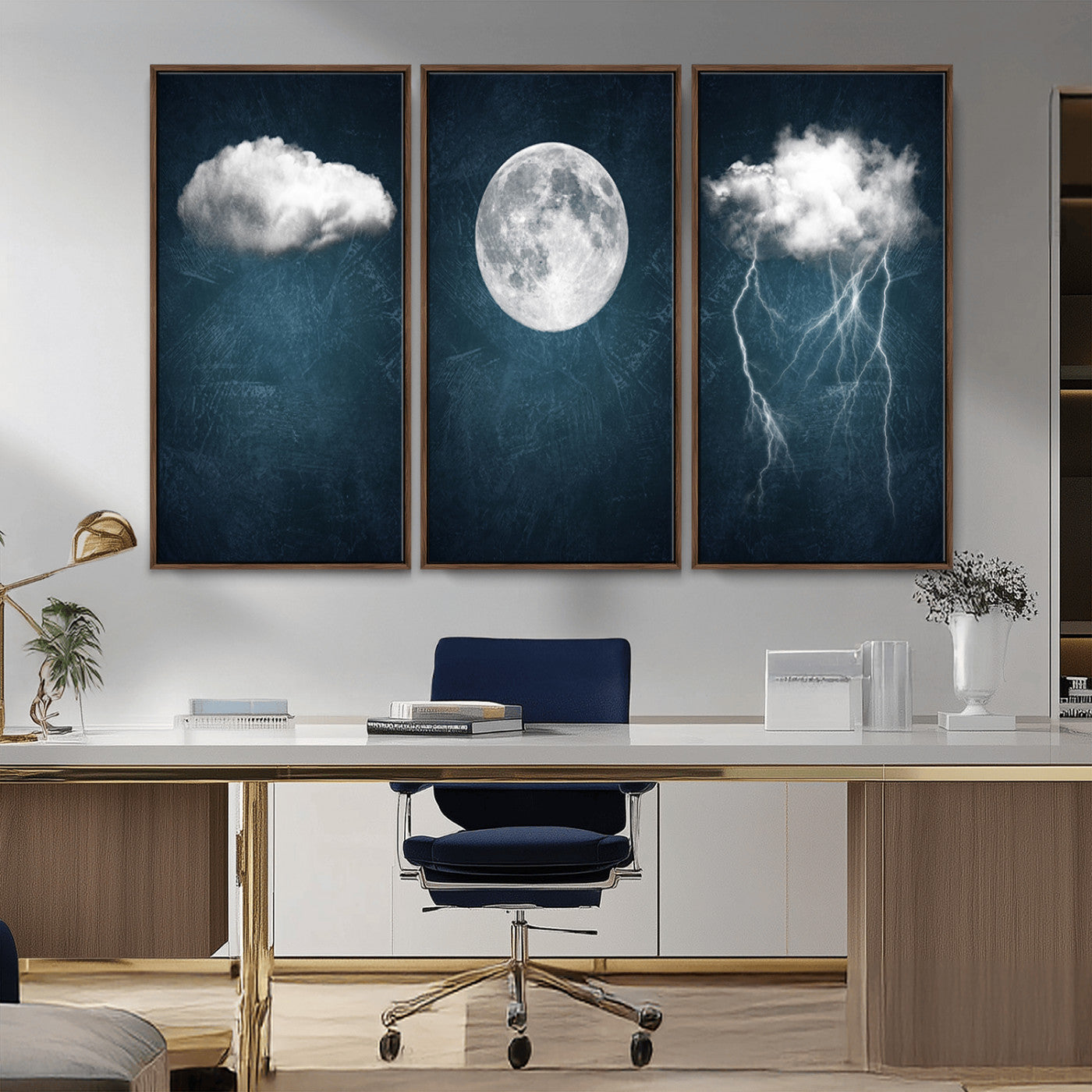 -3 Piece Indigo Cloud Wall Art, Thunderstorm Moon Cloud Artworks