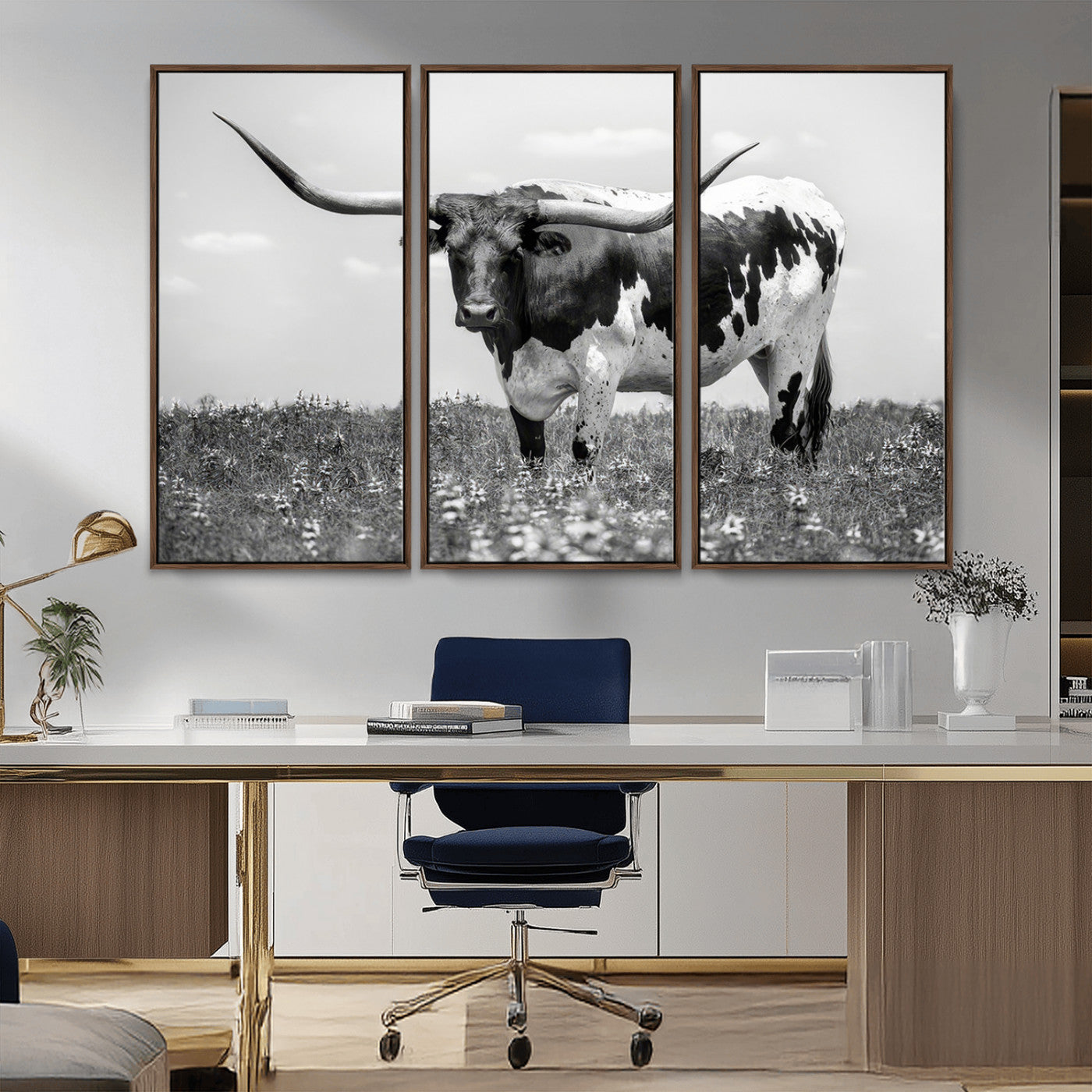 -Texas Black White Highland Longhorn Cow Wall Art Canvas Print