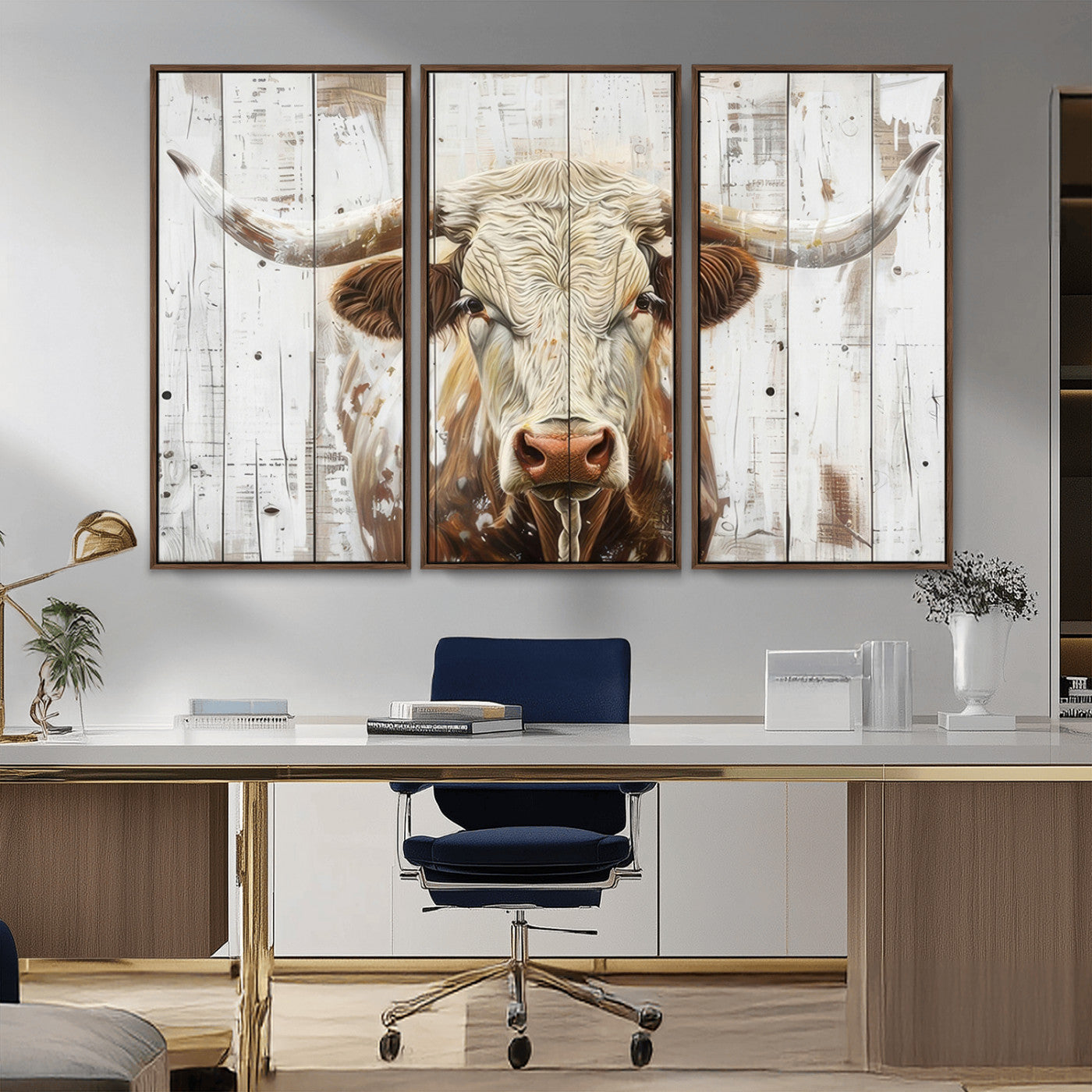 -Rustic Longhorn Bull Wall Art Canvas Set – Western-Inspired Farmhouse Décor - Ready to Hang