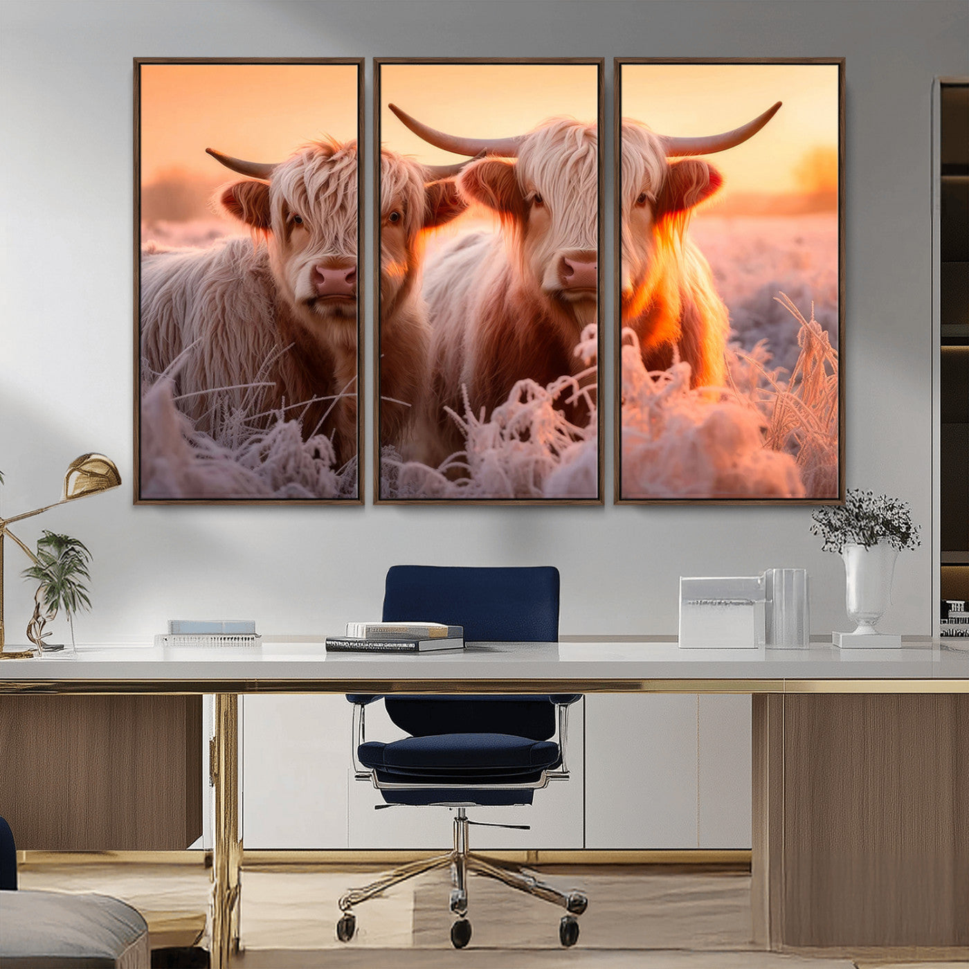 -Highland Cows at Sunrise Wall Art Canvas Set – Serene and Rustic Farmhouse Decor