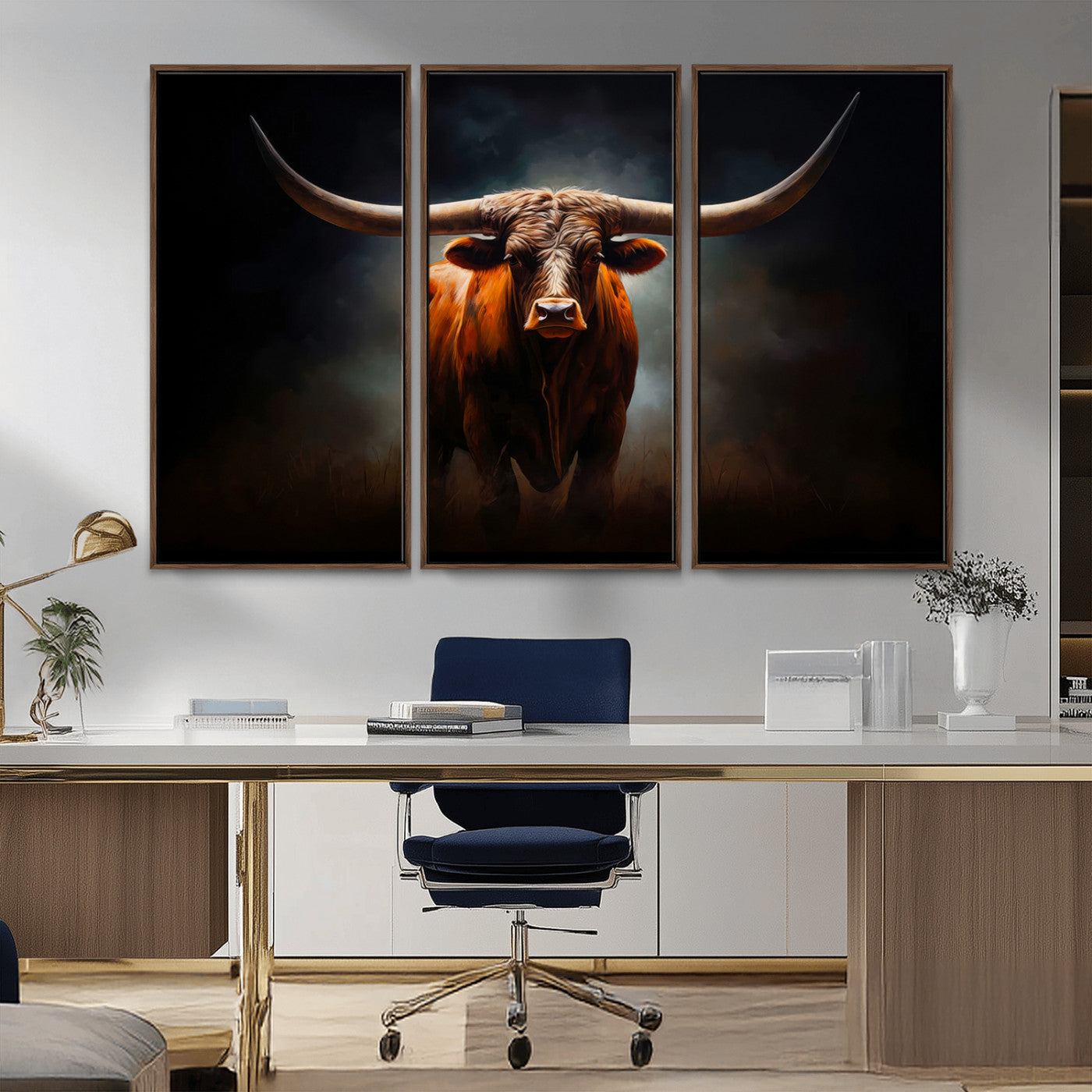 MGV-FC-48X32-3P - Abstract Texas Longhorn Wall Art Print | 3-Panel Large Texas Longhorn Canvas Print for Living Room, Office  Farmhouse Decor | Framed Longhorn Wall Art