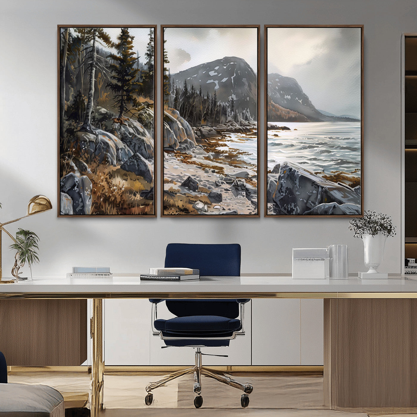 -Serene Coastal View of Acadia National Park - Stunning 3-Panel Wall Art Canvas Print, Framed, Ready