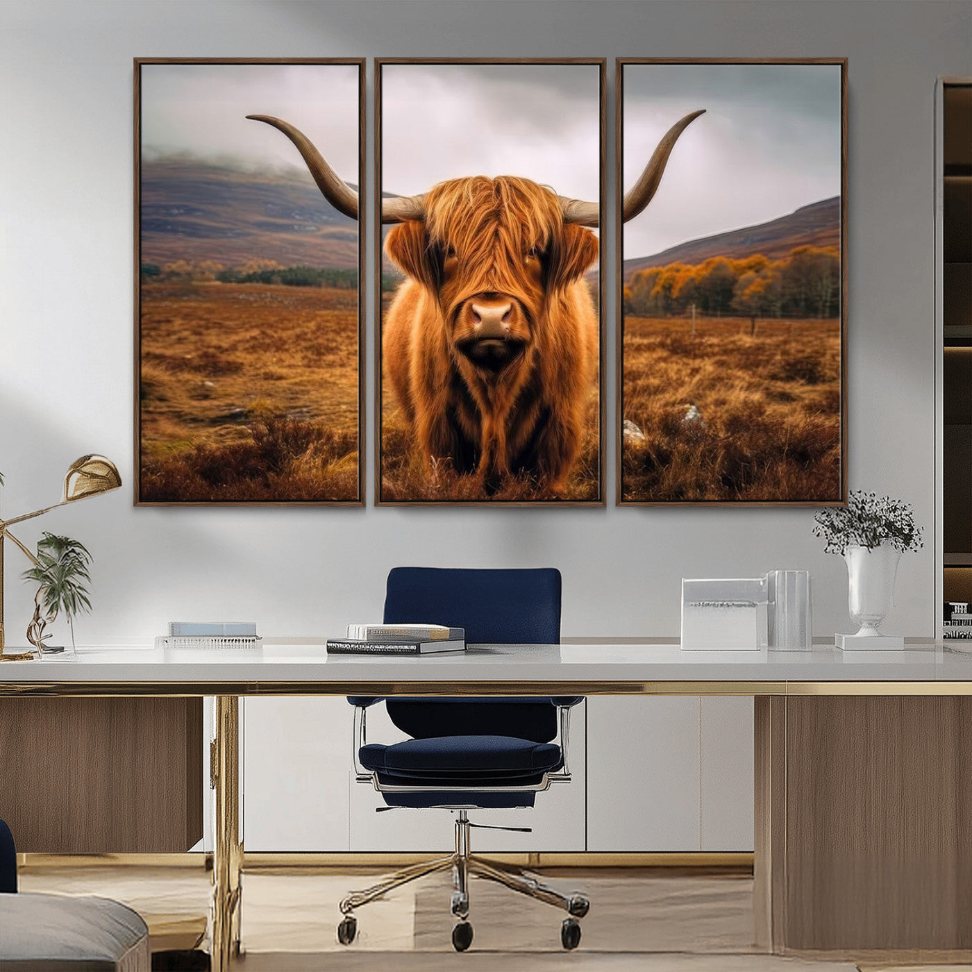 -Highland Cow Longhorn Wall Art – Rustic Canvas Print, Framed and Ready to Hang for Farmhouse Décor