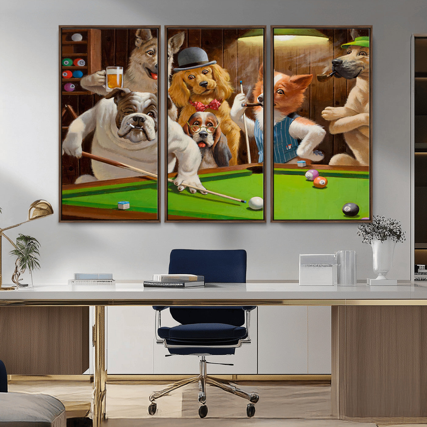 MGV-FC-48X32-3P - Dogs Playing Pool Canvas Wall Art Funny Gifts Dog Print