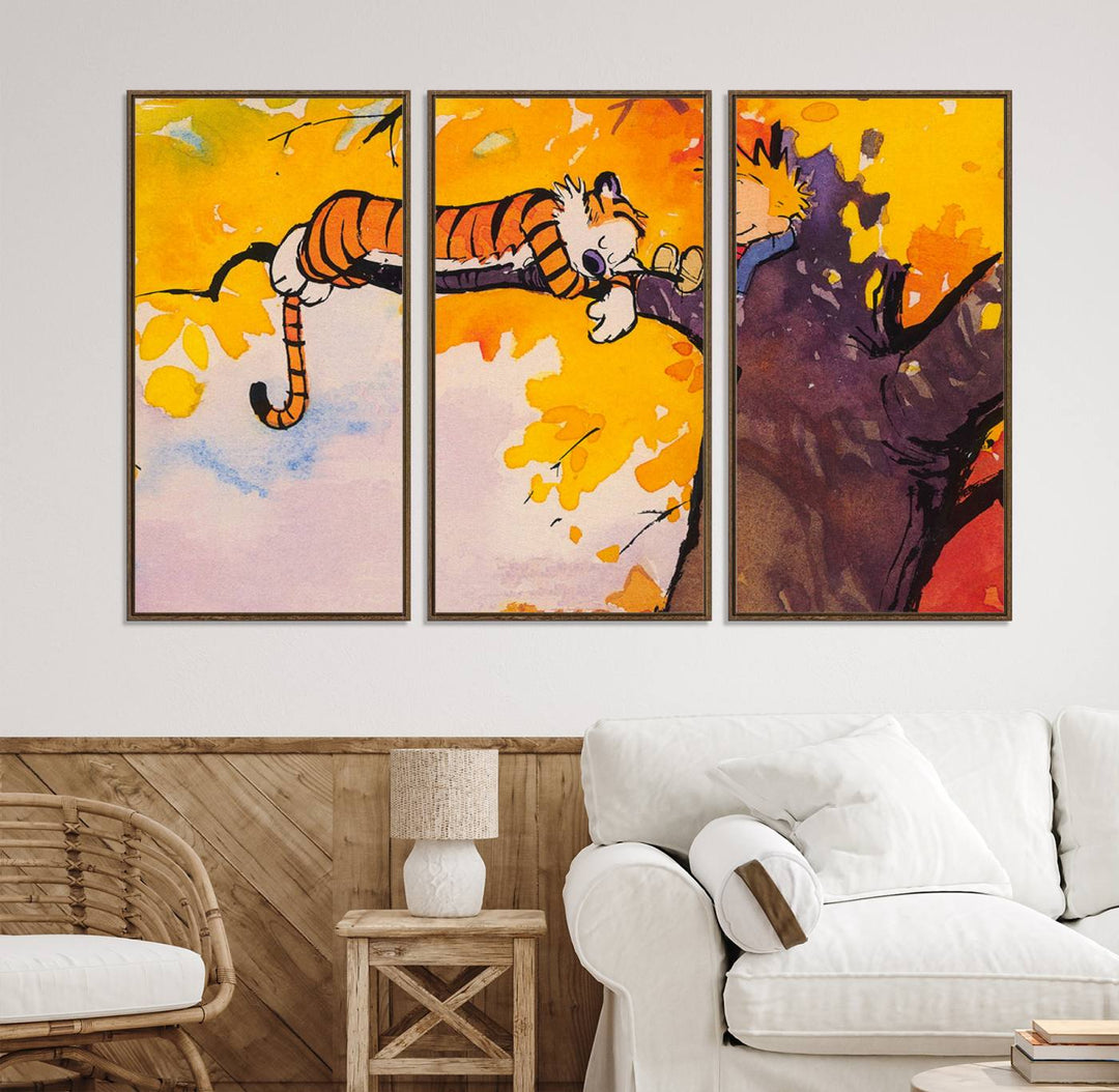 Premium canvas Calvin Wall Arts featuring a boy and tiger relaxing on a branch.