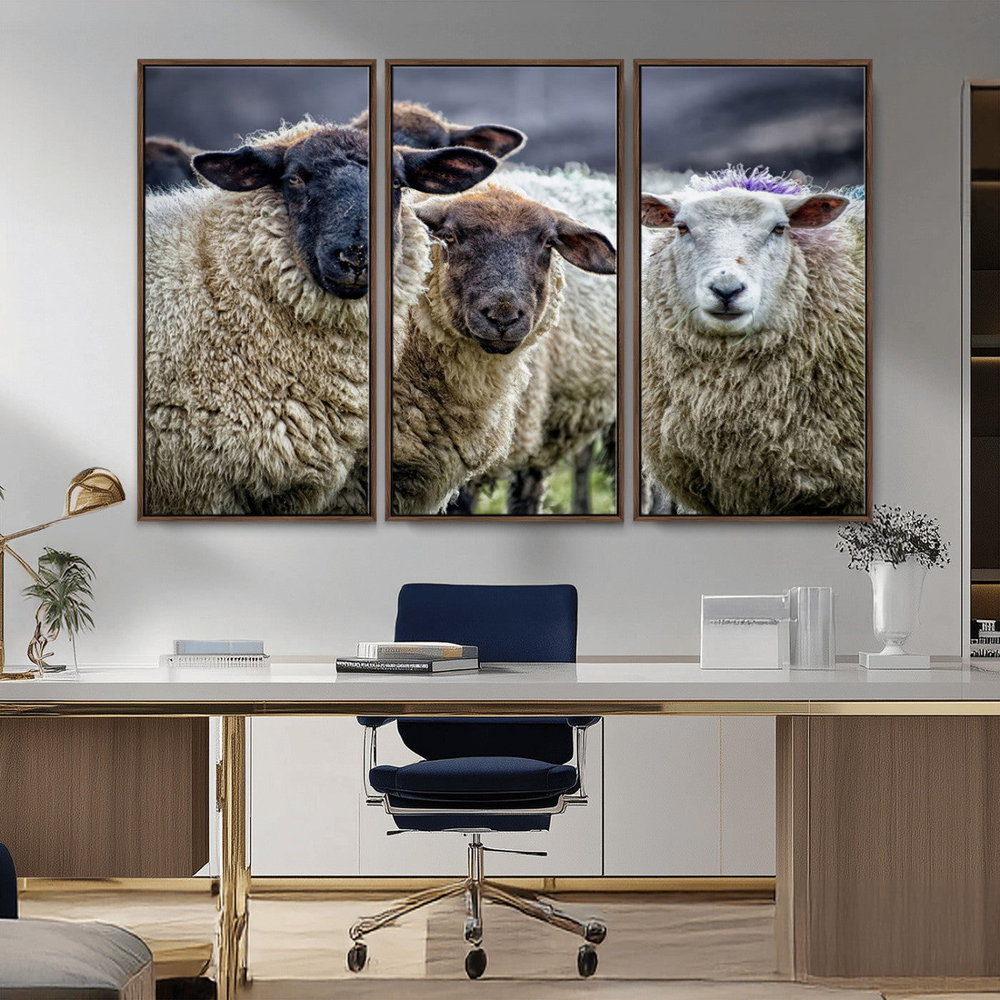 -Charming Sheep Portrait Wall Art – Trio of Woolly Companions Canvas Print, Framed, Ready to Hang