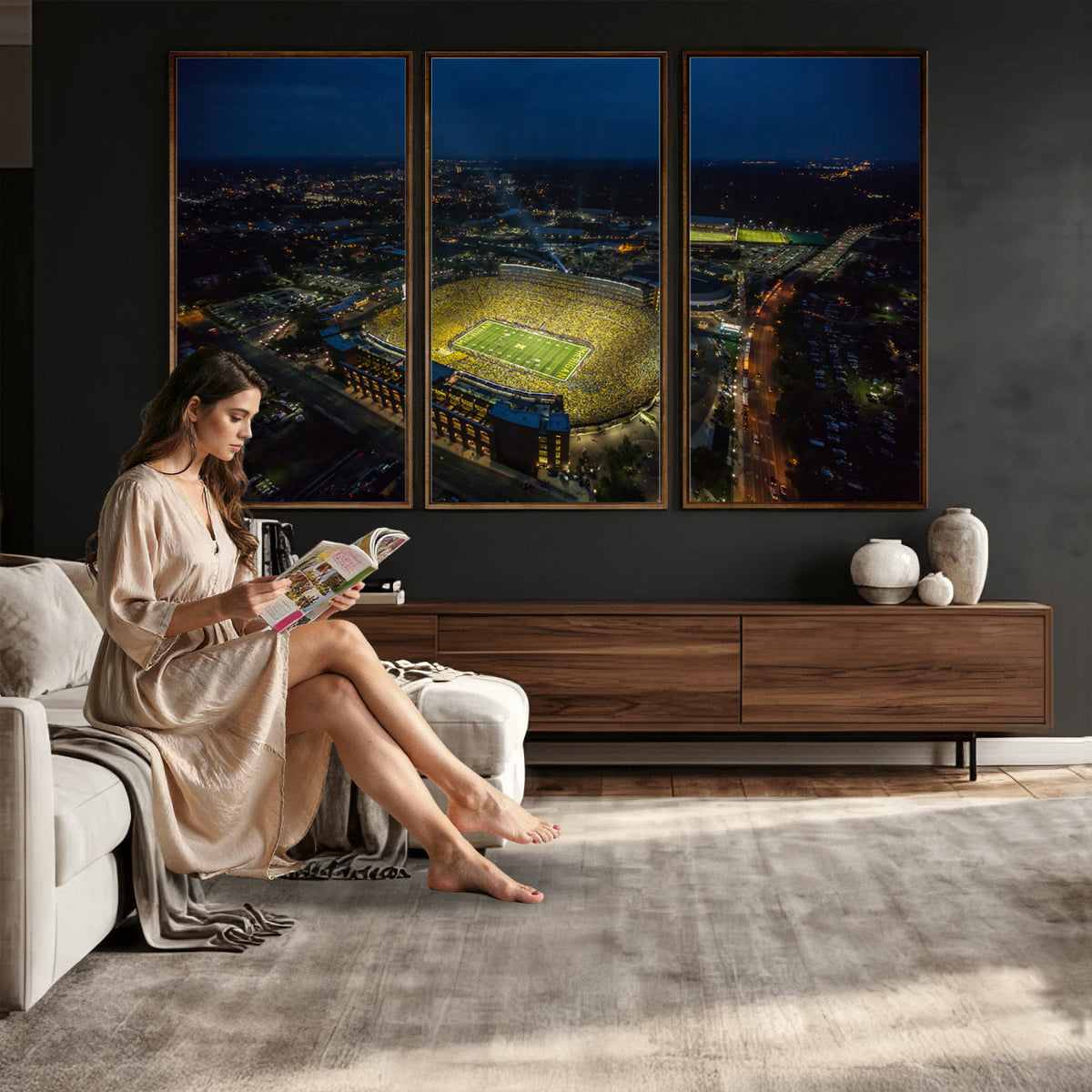 33588-MGV-CV-36X24 - Michigan Stadium Night Game Wall Art | Sports Arena Aerial View Canvas