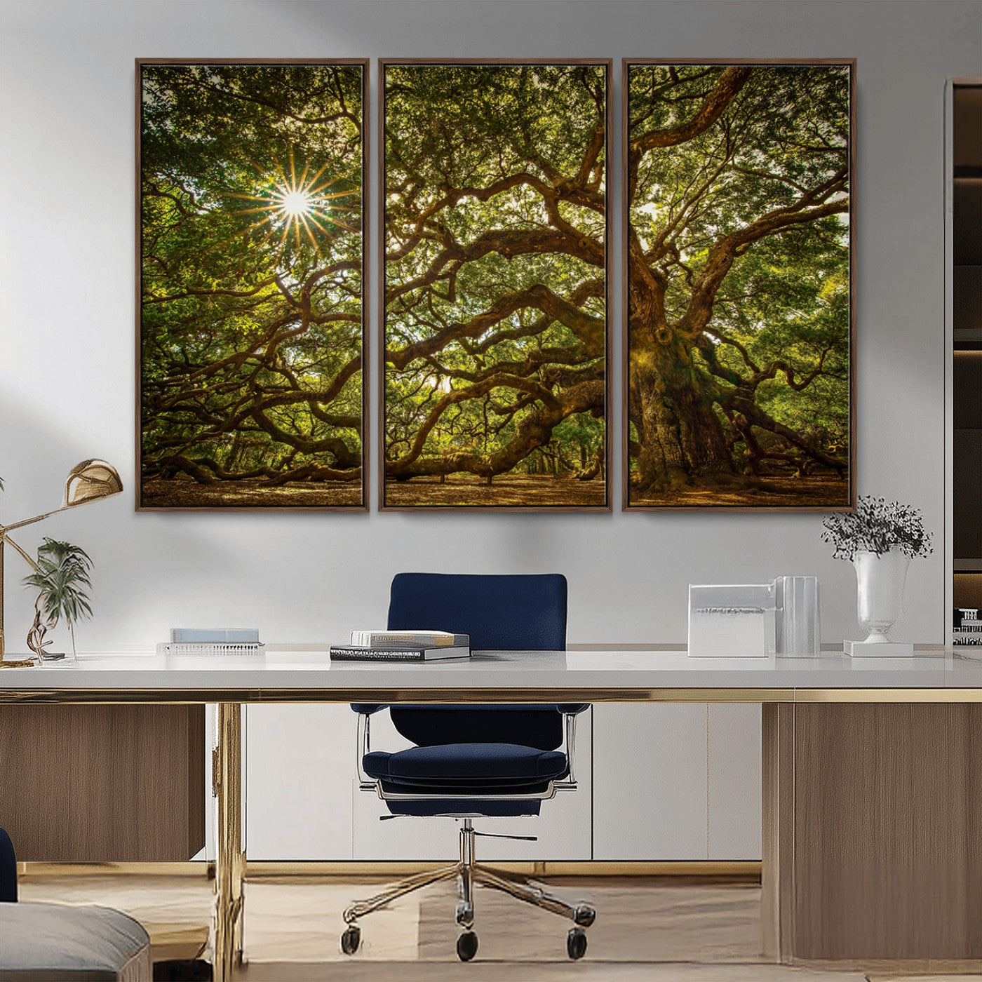 MGV-FC-48X32-3P - Ancient Angel Oak Tree Art Sunburst Canvas Print- Nature-Inspired Triptych Canvas Print, Framed, Ready to Hang