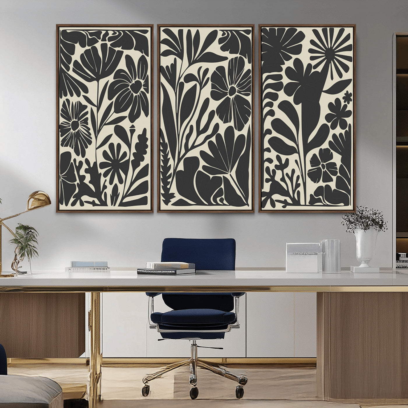 MGV-FC-48X32-3P - Modern Botanical Wall Art - Floral Black and White Canvas Print, Framed, Ready to Hang