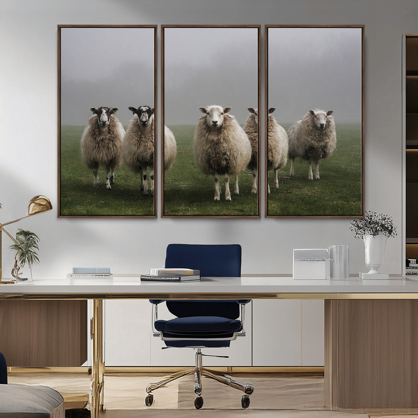 -Flock of Sheep in a Mystical Fog – Pastoral Wall Art Canvas Print, Framed, Ready to Hang