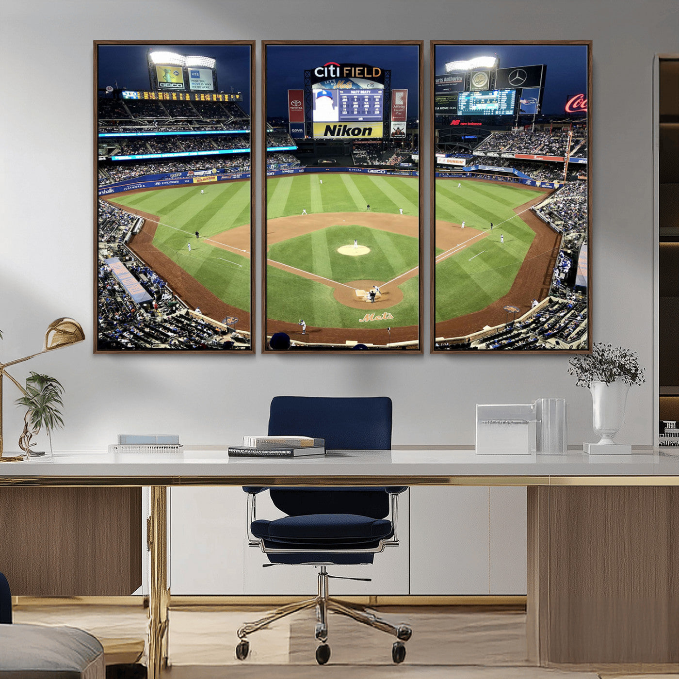 MGV-FC-48X32-3P - Citi Field Wall Art Print | 3-Panel New York Mets Baseball Stadium Canvas Print | Framed Sports Decor for Living Room, Man Cave, or Office Decor
