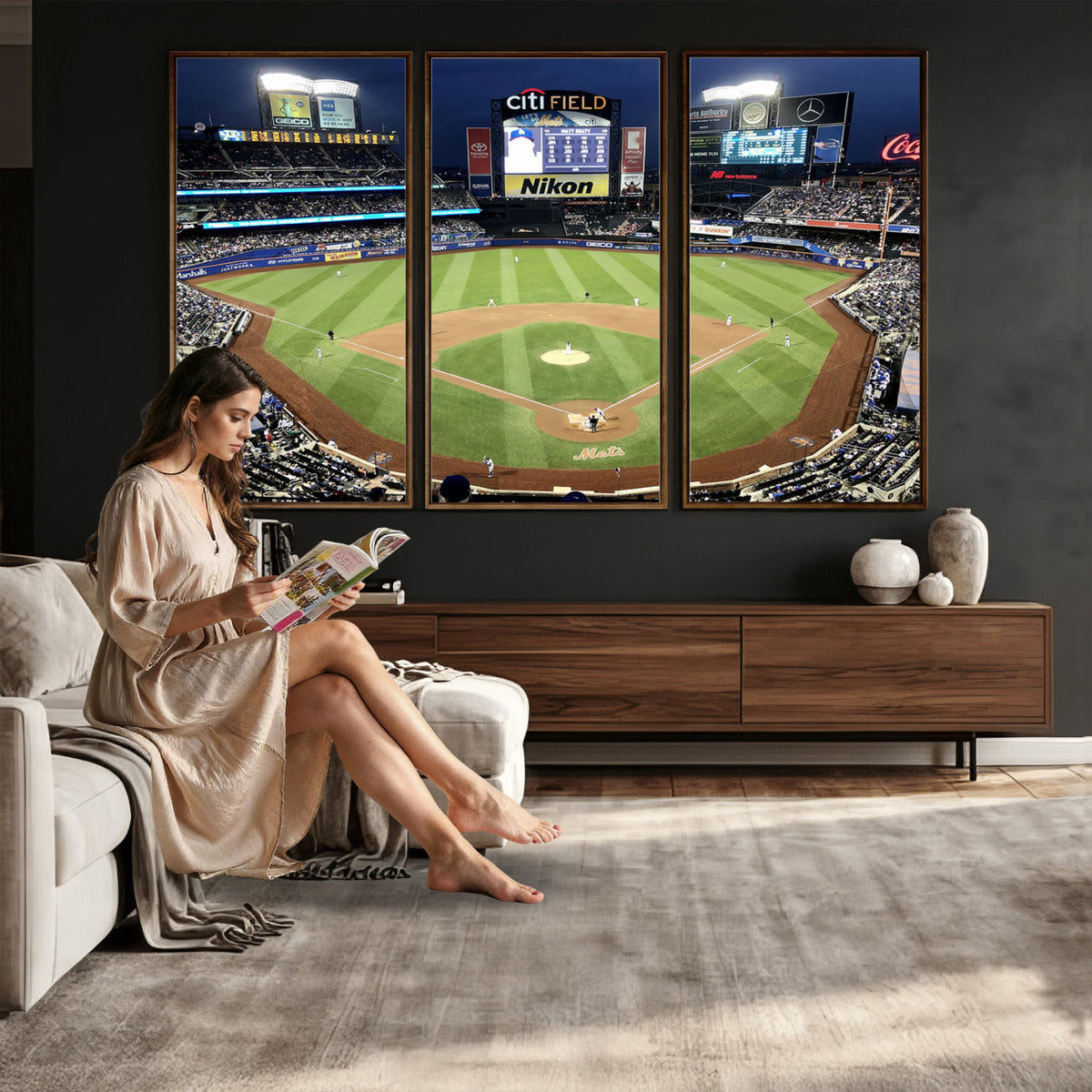 87666-MGV-CV-36X24 - Citi Field Wall Art Print | 3-Panel New York Mets Baseball Stadium Canvas Print | Framed Sports