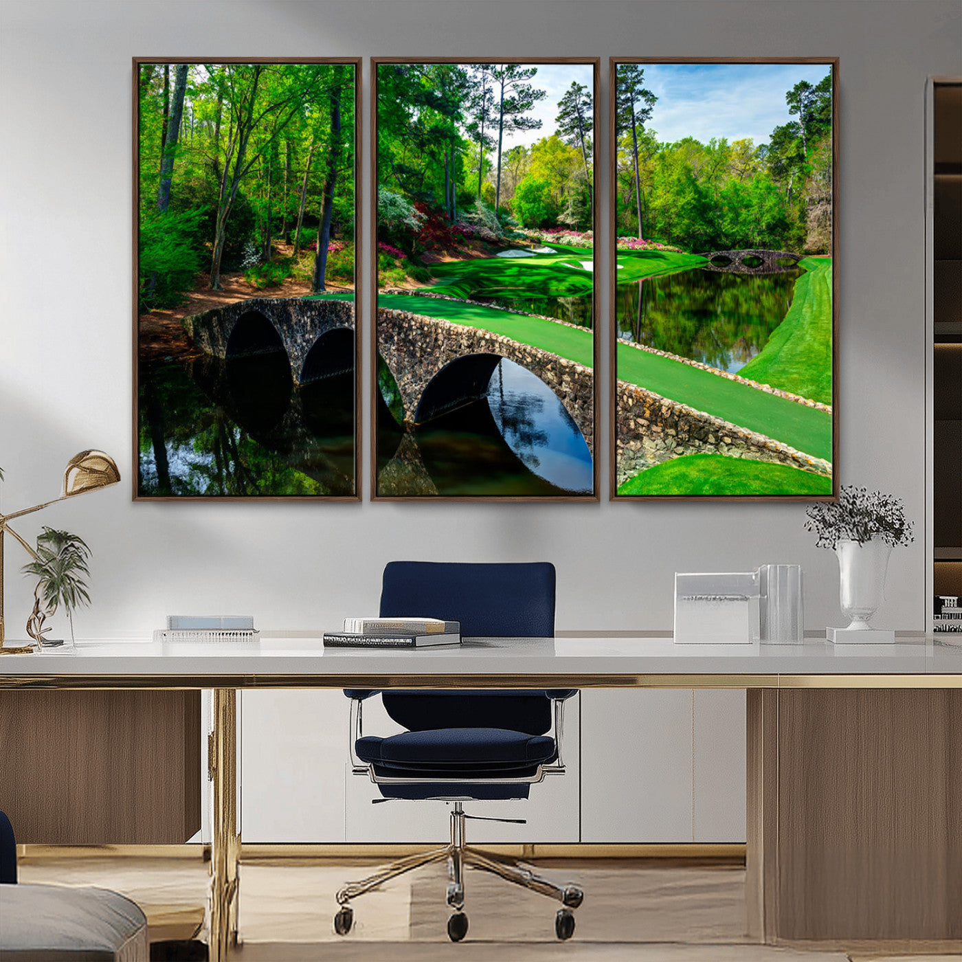 MGV-FC-48X32-3P - Augusta National Golf Club Wall Art - Panoramic Bridge & Lush Greenery – Premium Framed, Ready-to-Hang Triptych Canvas